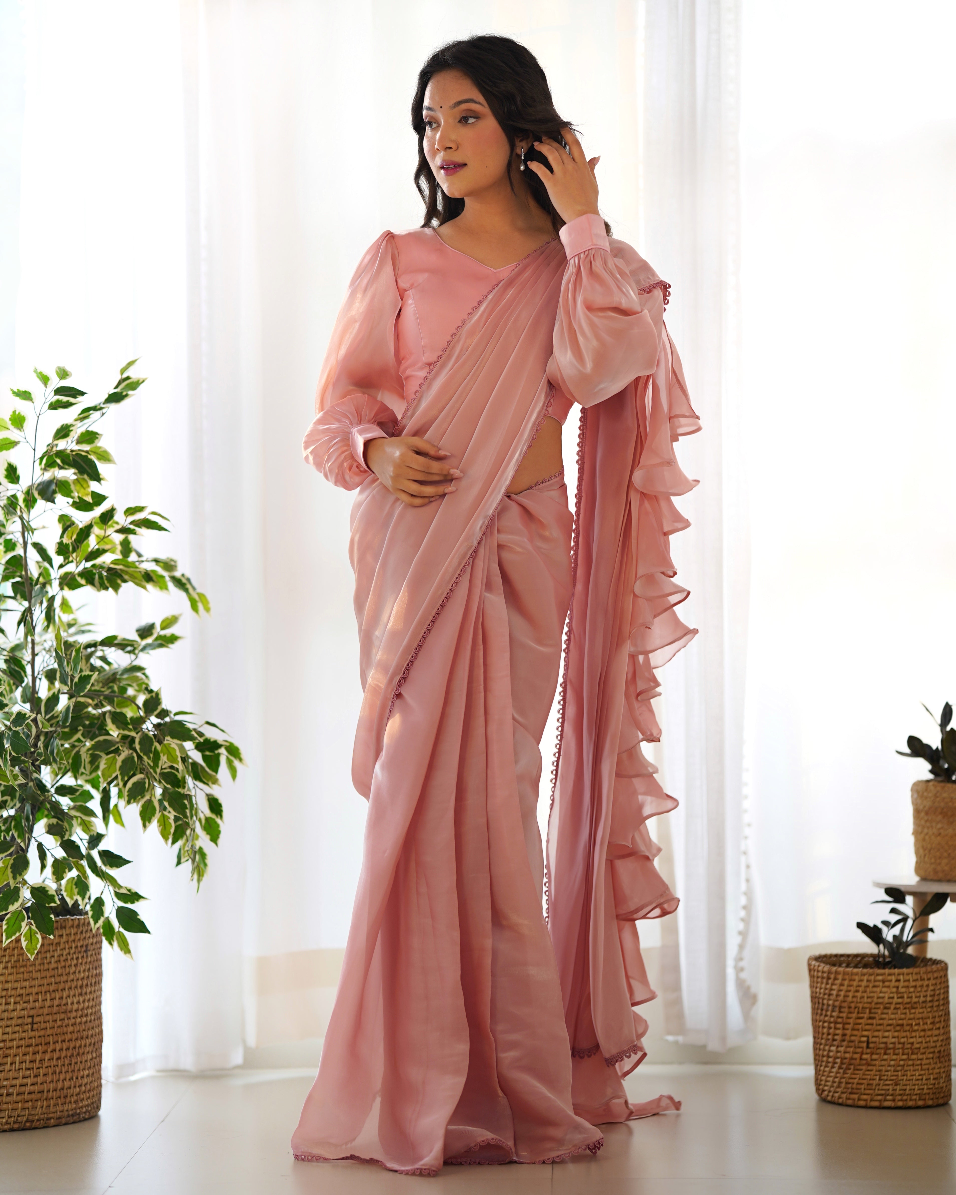 Fascinating Peach Organza Designer Readymade Saree With Blouse NKB-42-SKY BLUE