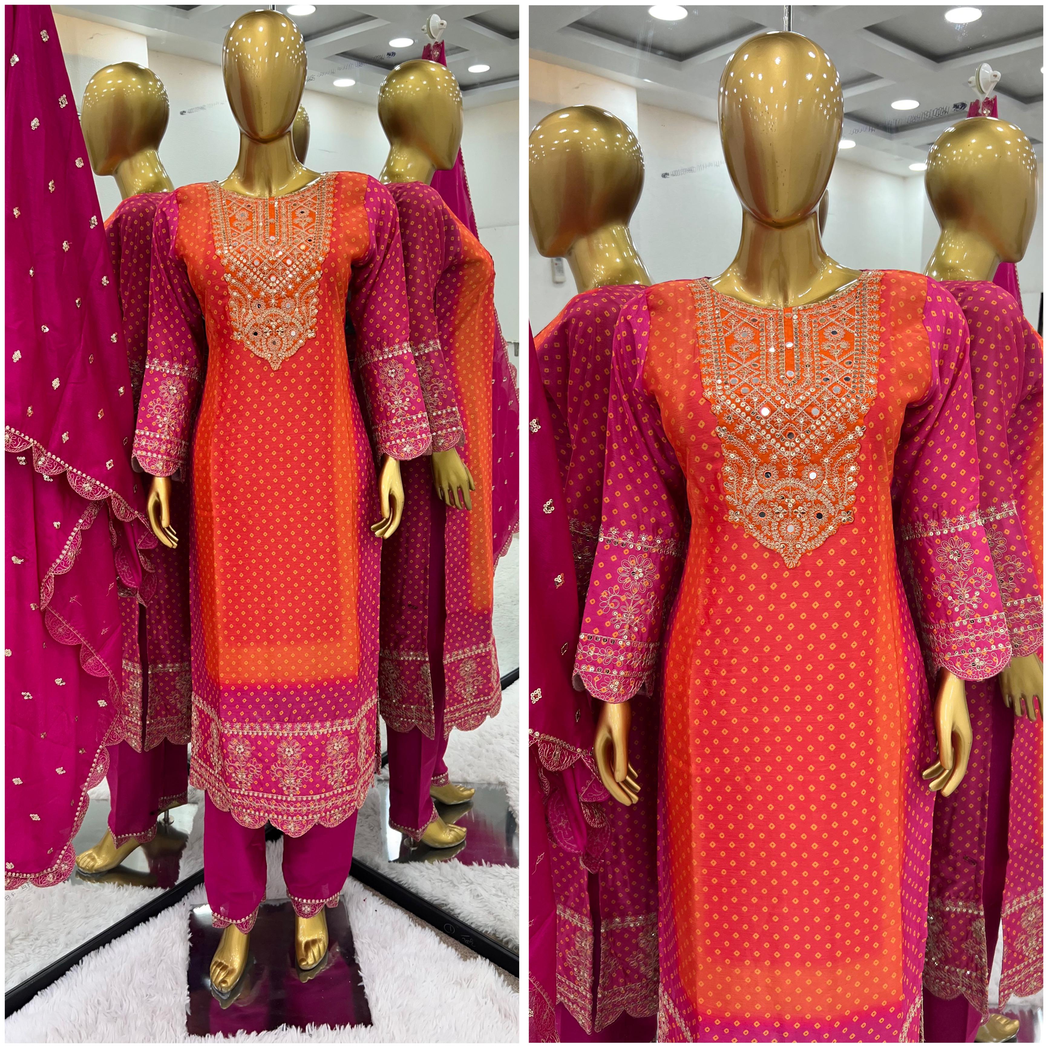 Pure Chinnon With Heavy Embroidery Coding Dori-Sequence Work Top-Bottom And Dupatta Set