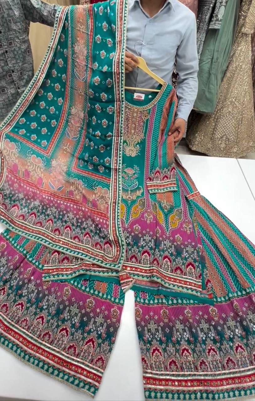 MASLIN PRINTED WITH REAL MIRROR WORK TOP AND SARARA WITH DUPATTA