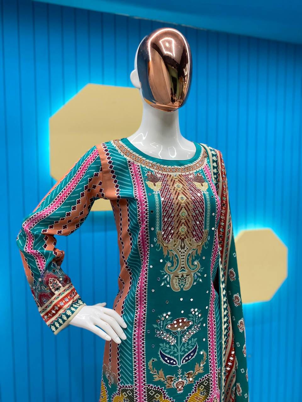 MASLIN PRINTED WITH REAL MIRROR WORK TOP AND SARARA WITH DUPATTA