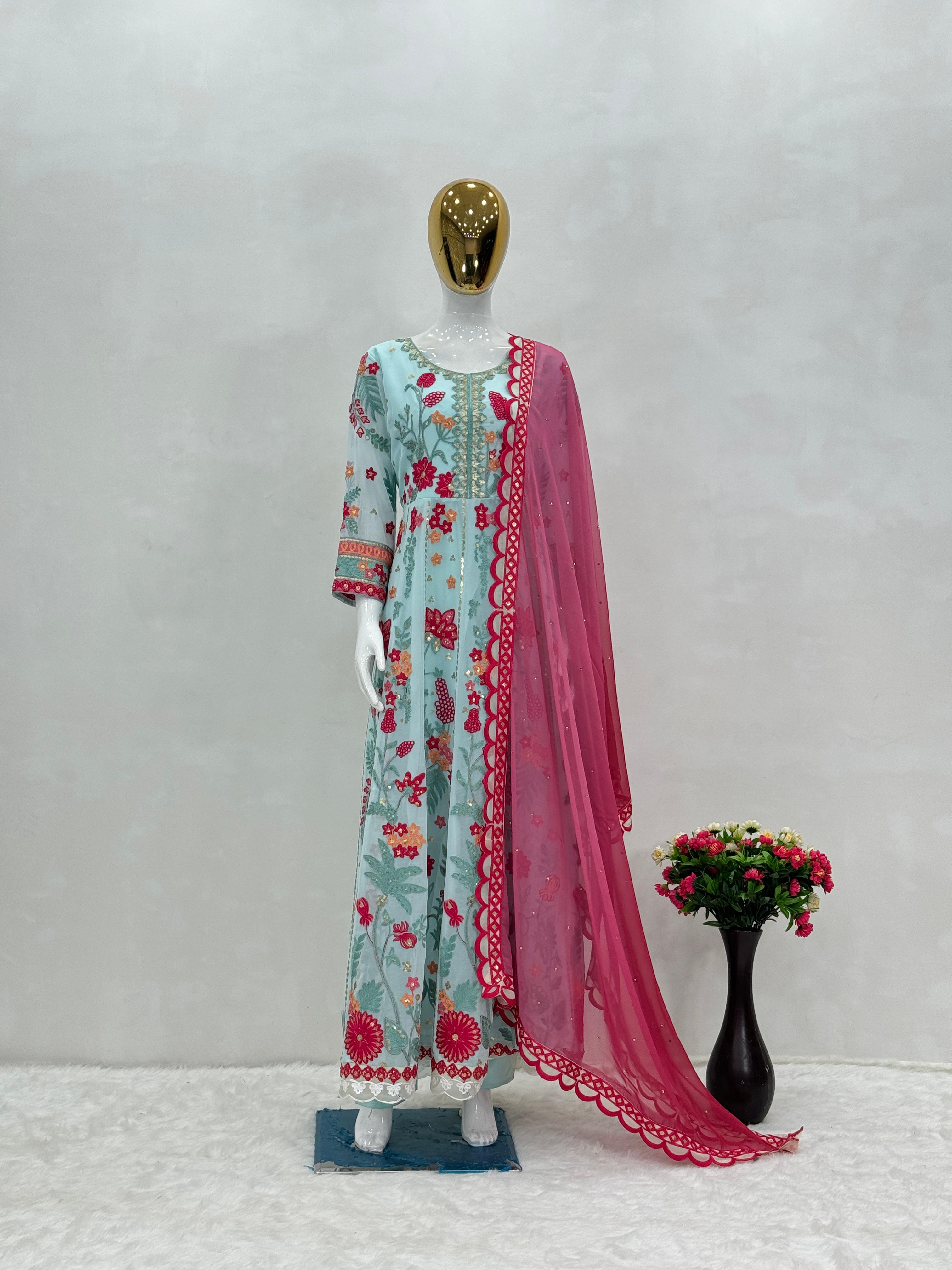 New Designer Party Wear Embroidered Sequin Gown with Dupatta - Ready to Wear