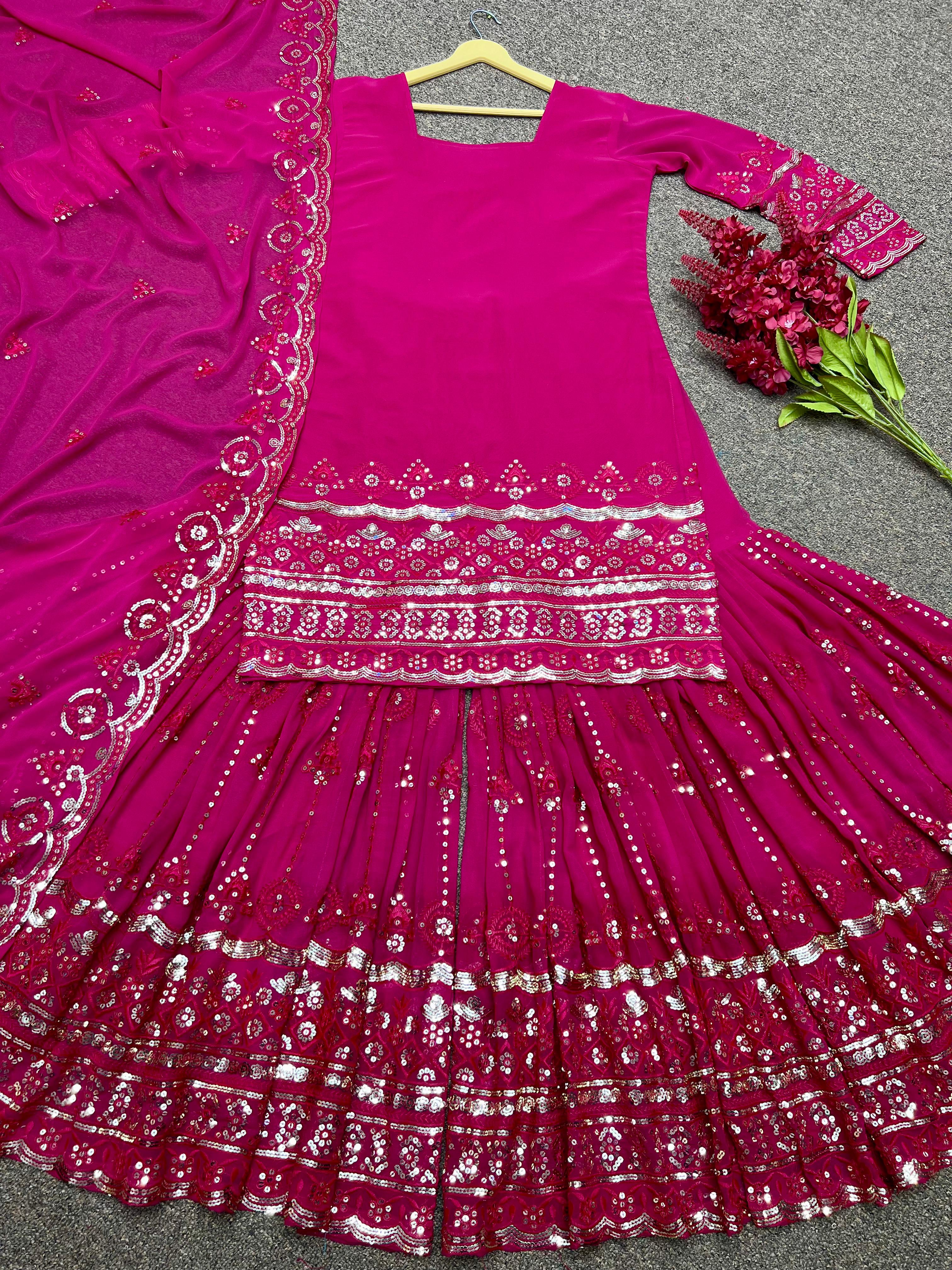 Embroidery And Sequins Work Top - Sharara With Dupatta