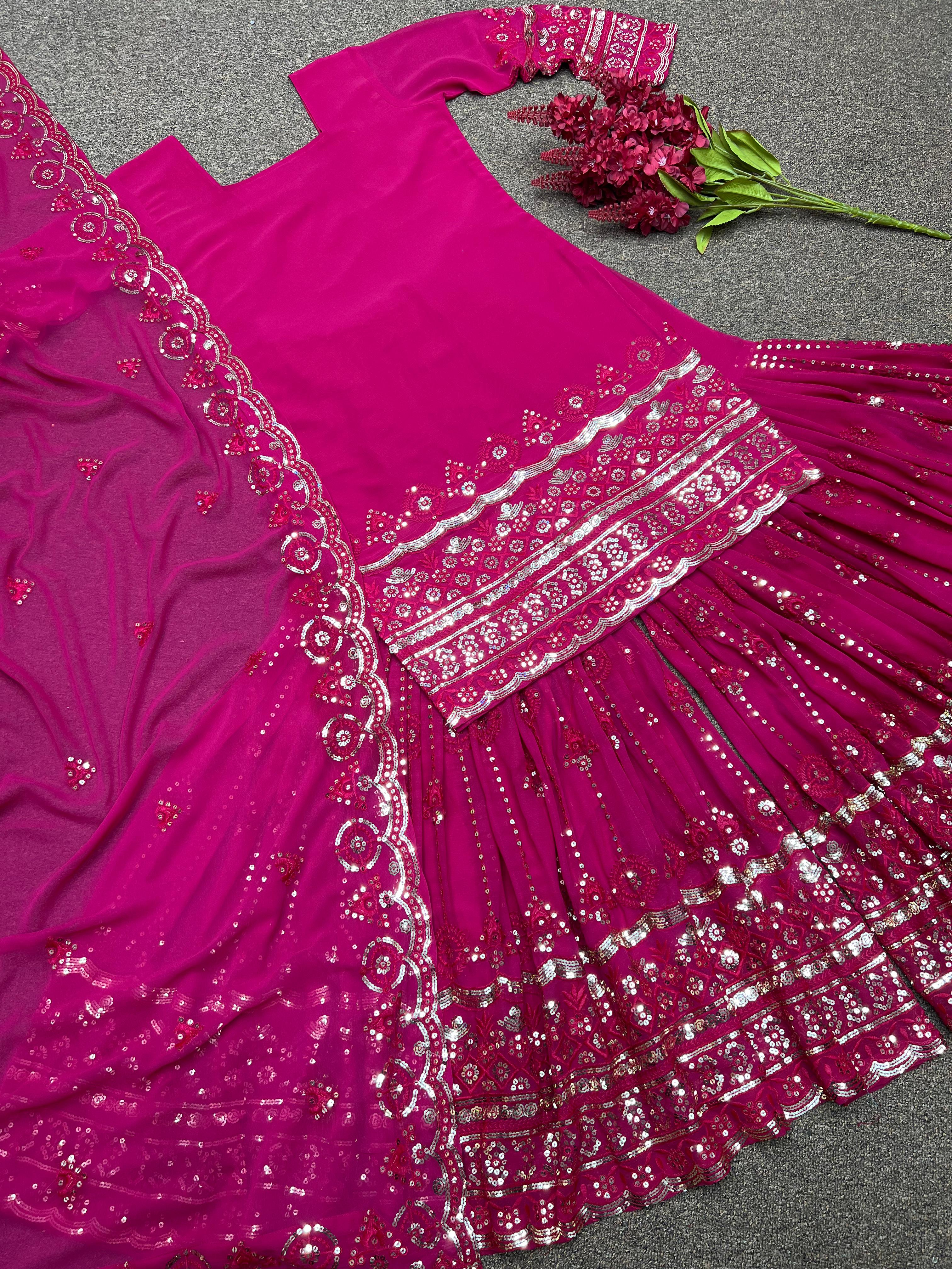 Embroidery And Sequins Work Top - Sharara With Dupatta