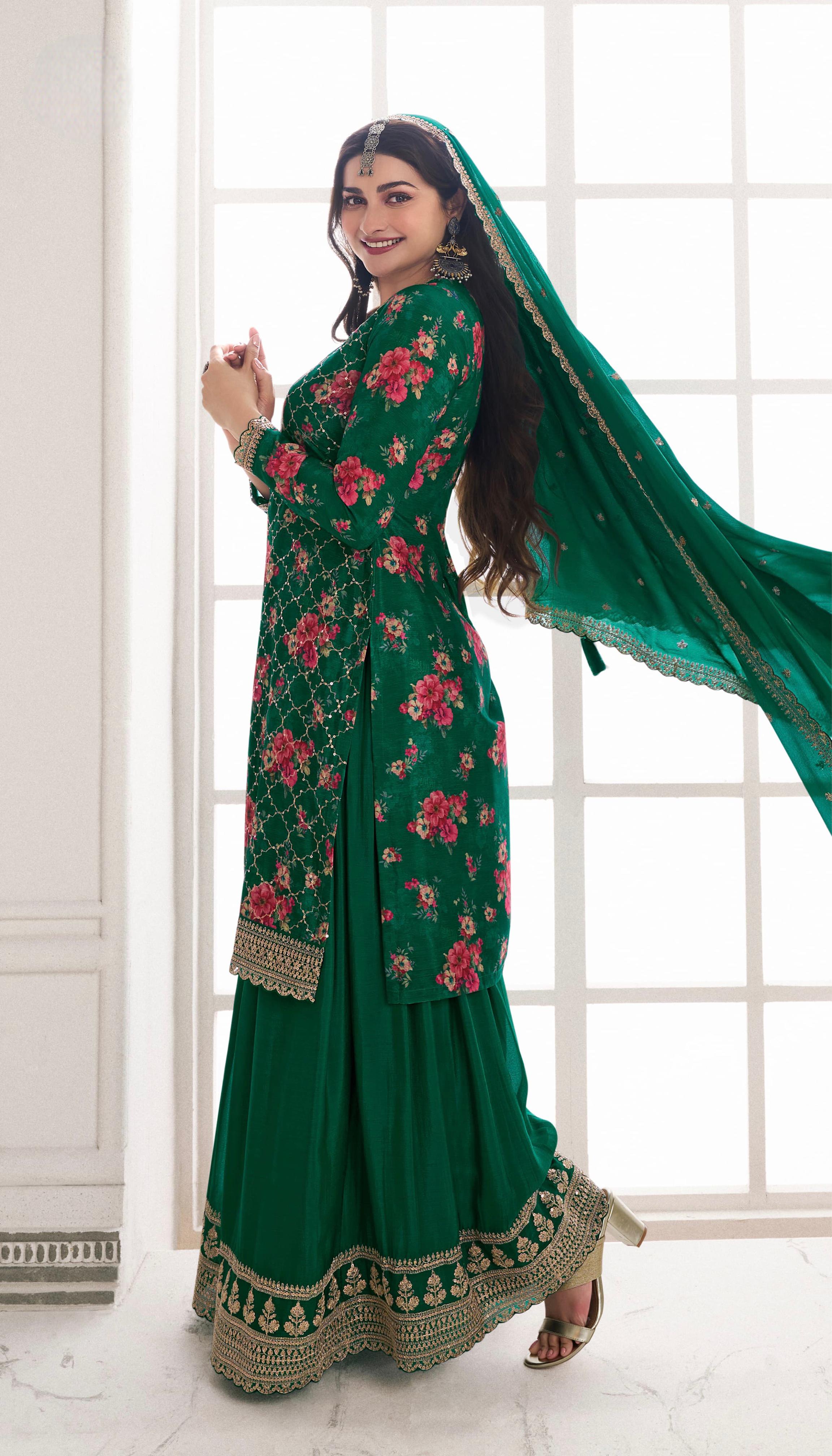 Designer Embroidery And Sequins Work Kurti - Plazzo With Dupatta