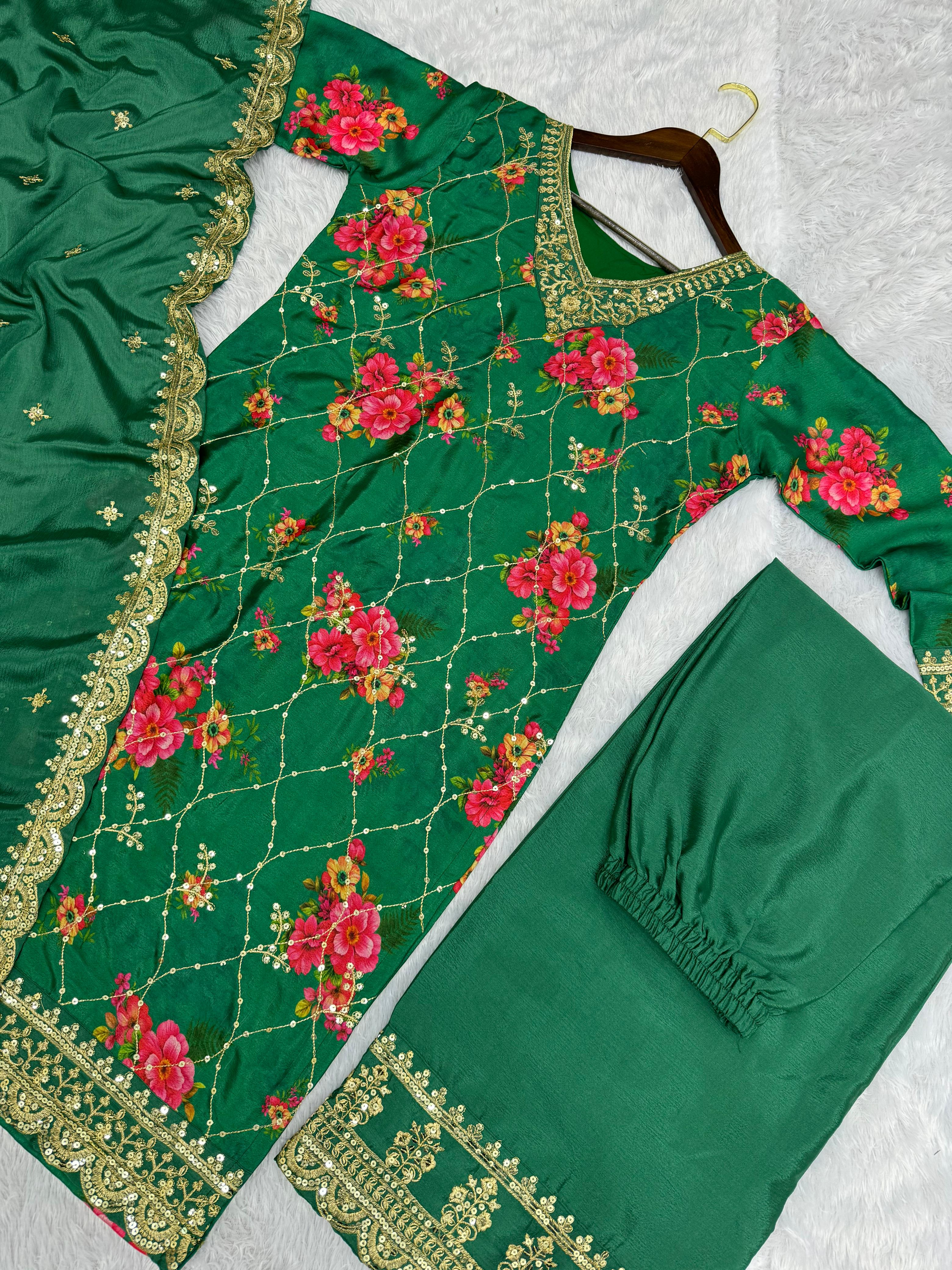 Designer Embroidery And Sequins Work Kurti - Plazzo With Dupatta