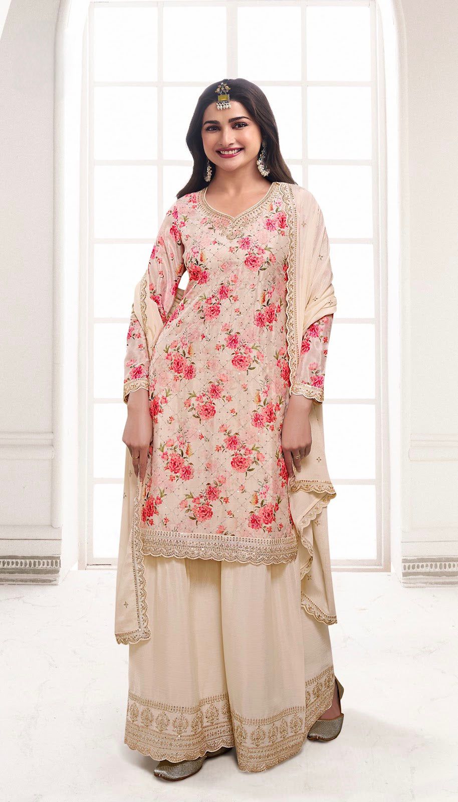 Designer Embroidery And Sequins Work Kurti - Plazzo With Dupatta