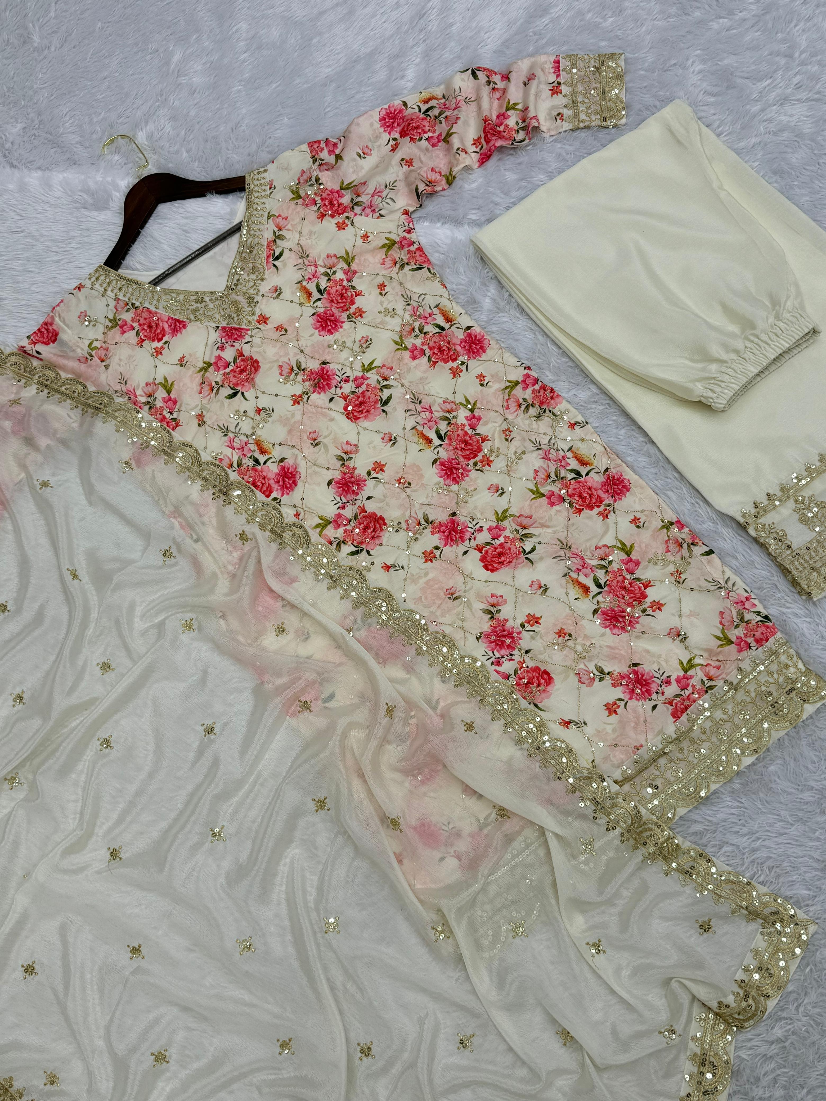 Designer Embroidery And Sequins Work Kurti - Plazzo With Dupatta