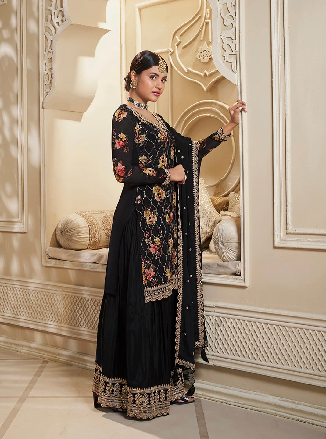 Designer Embroidery And Sequins Work Kurti - Plazzo With Dupatta