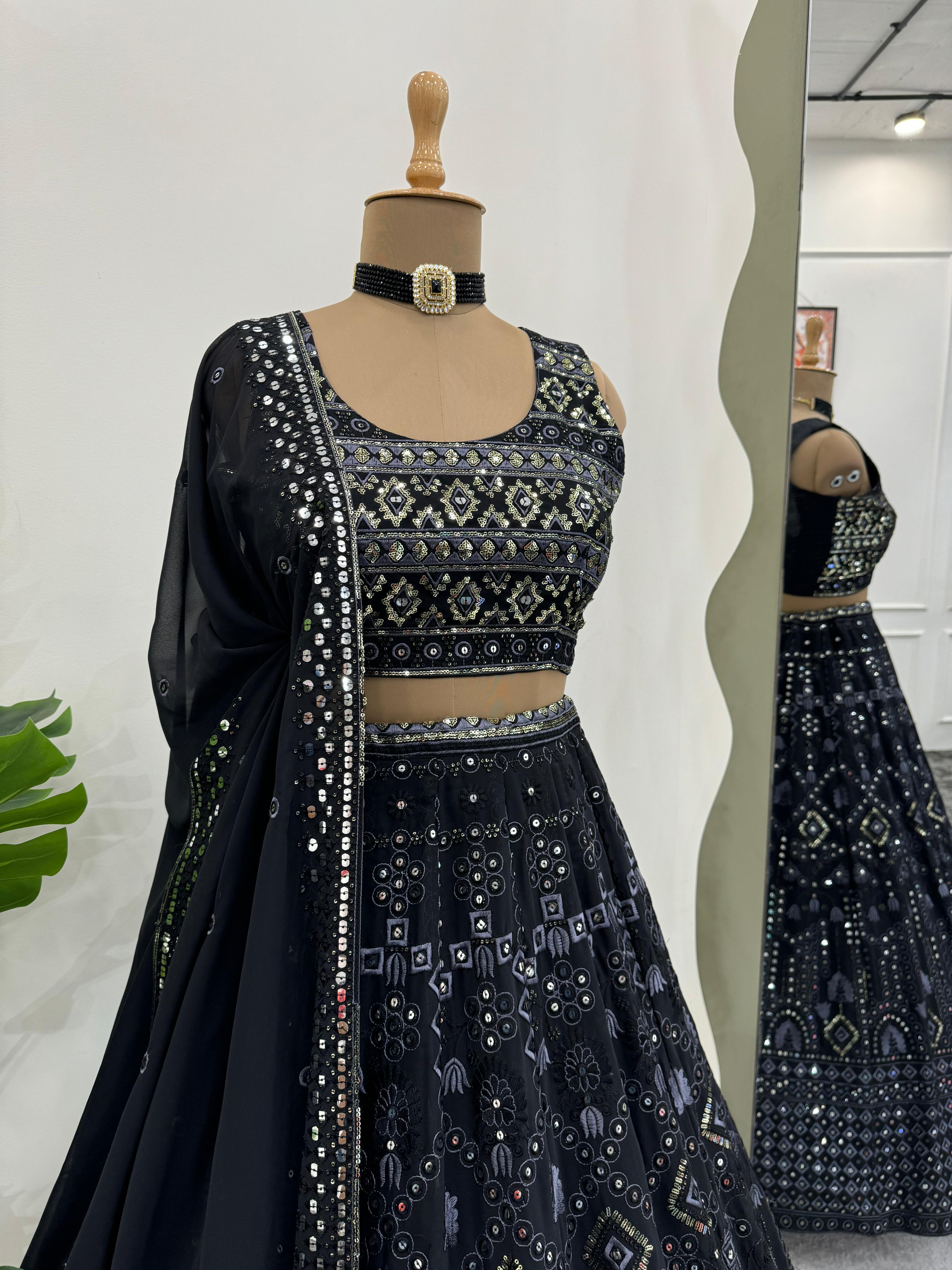 Black Colour Faux Georgette Lehenga Choli With Sequins Work