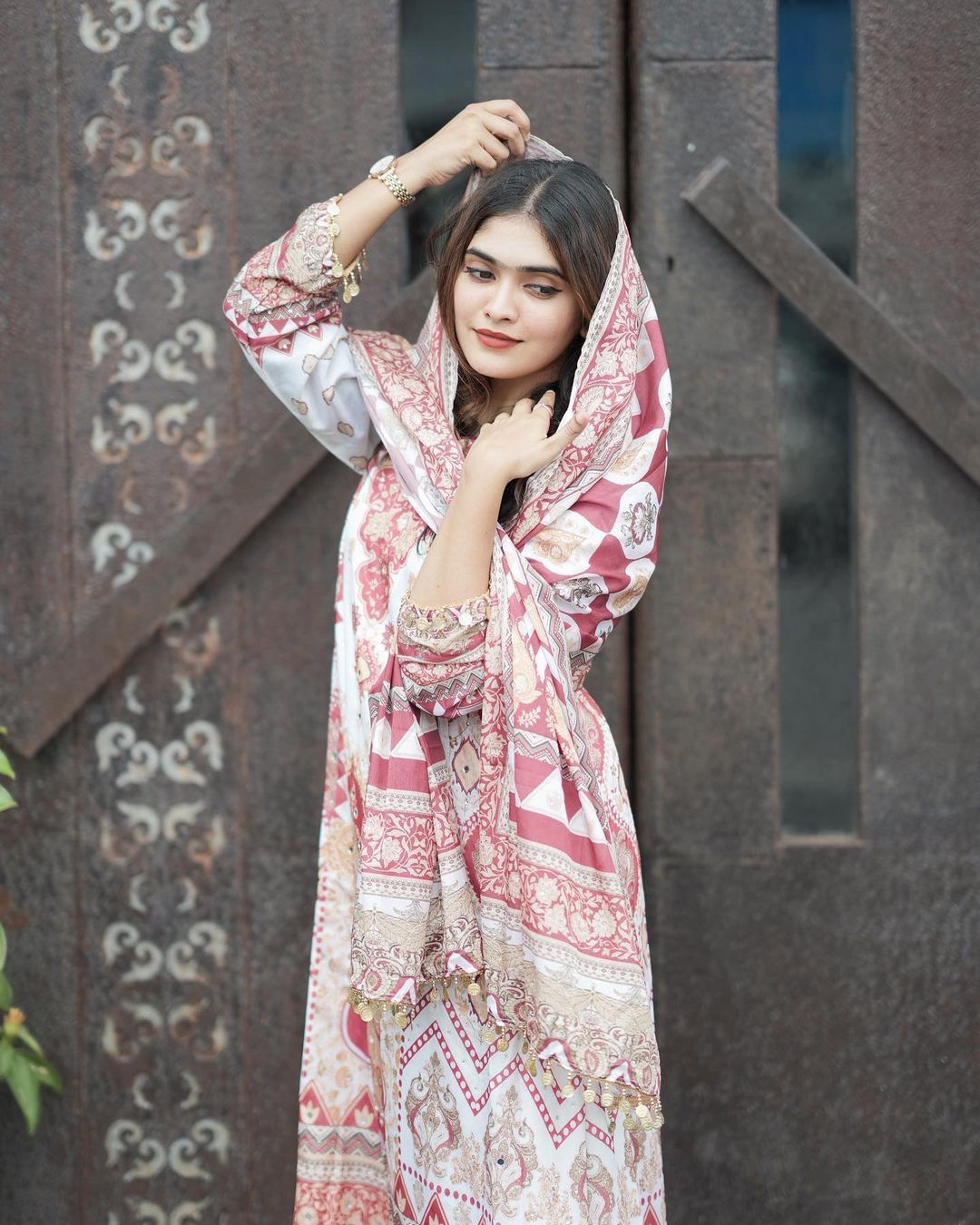 MASLIN PRINTED AND REAL MIRROR WORK TOP AND PANT WITH DUPATTA