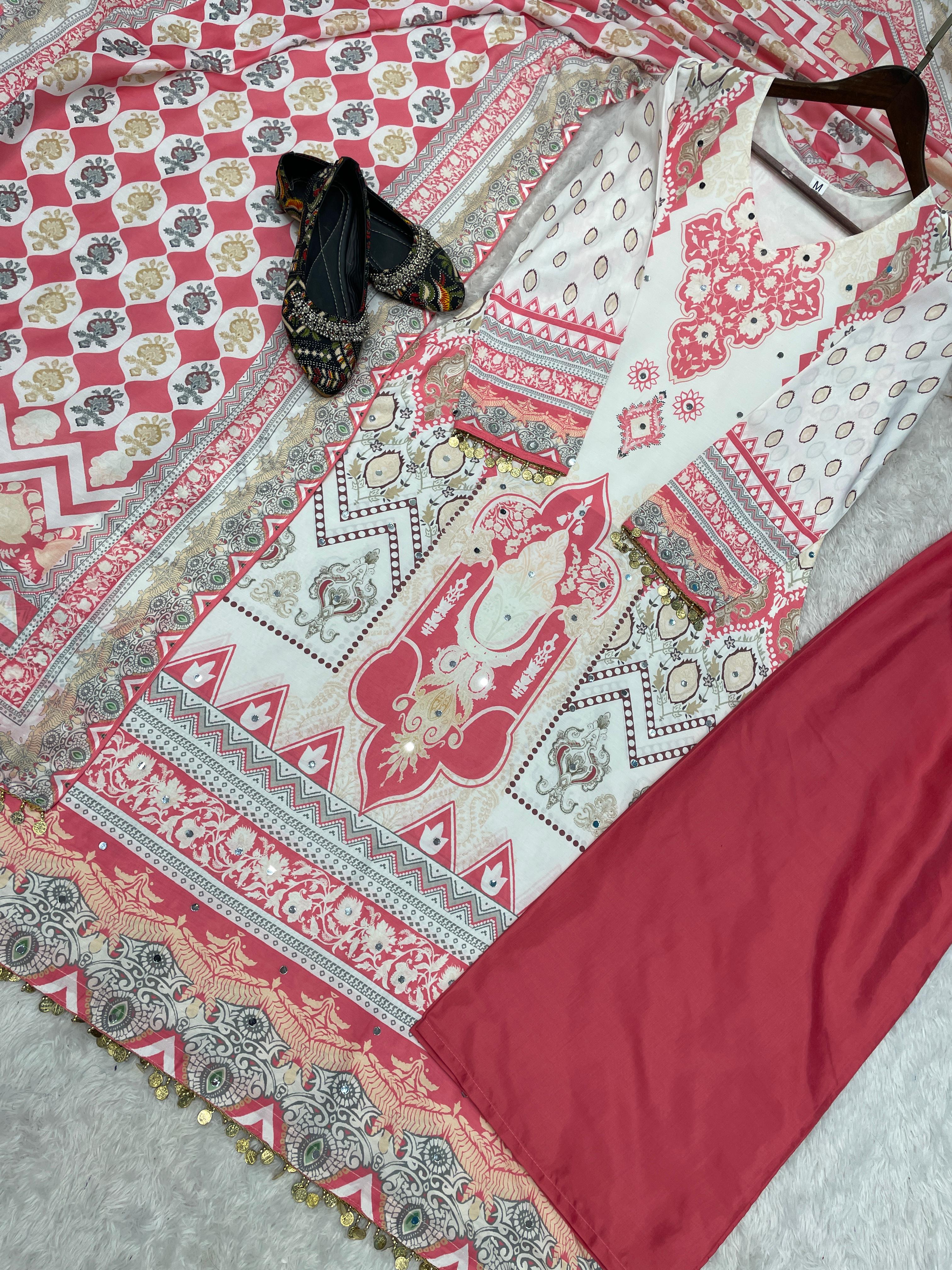 MASLIN PRINTED AND REAL MIRROR WORK TOP AND PANT WITH DUPATTA