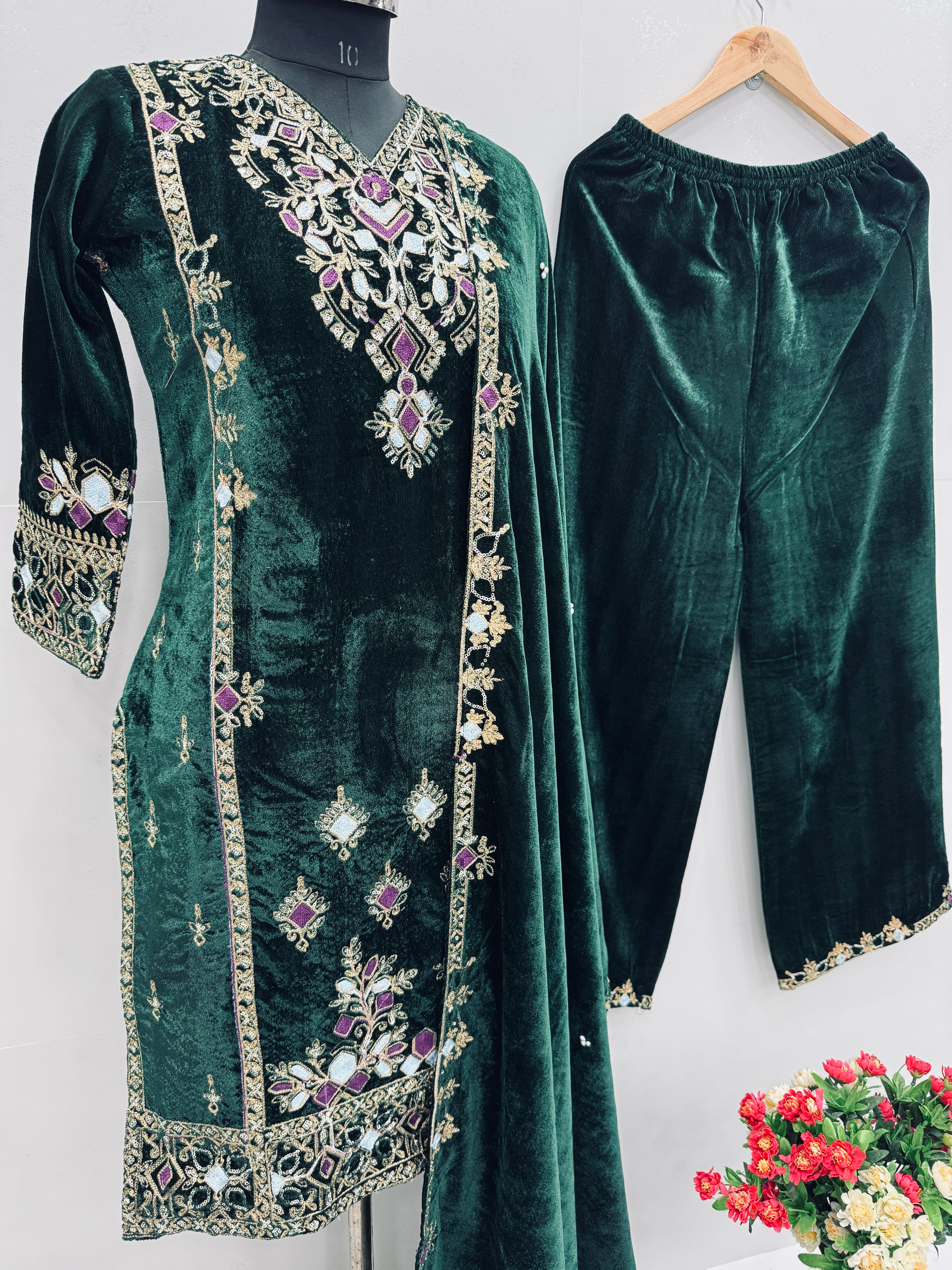 Party Wear Velvet Set with Embroidery Sequence Work - Top, Palazzo & Dupatta