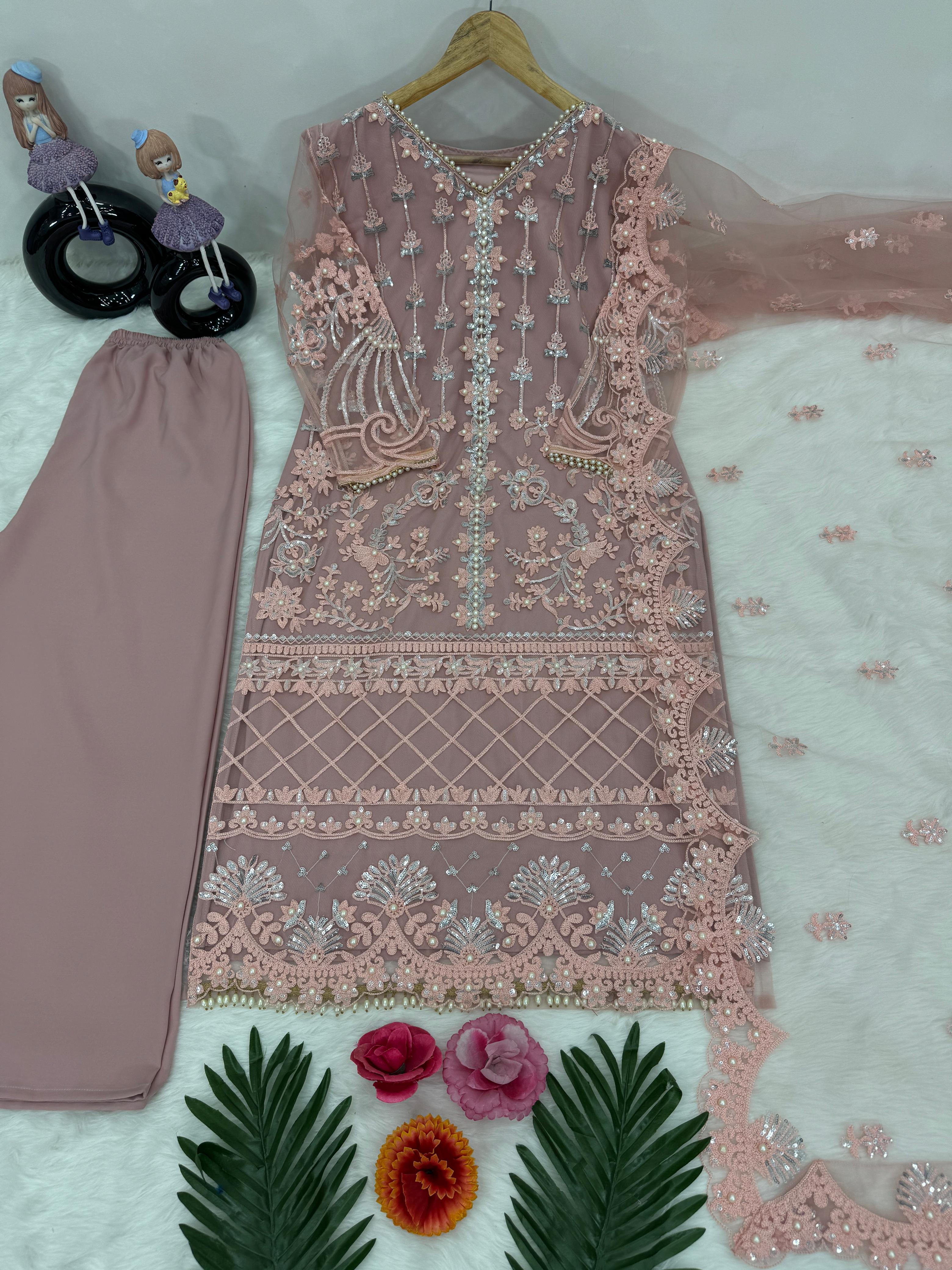 NEW DESIGNER HEAVY  SOFT NET SHARARA SUIT SET