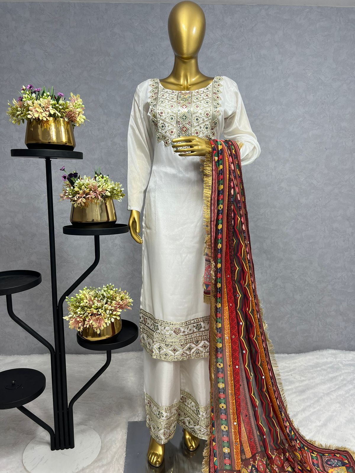 White Colour Top-Bottom Set with Dupatta In Embroidered - Sequined Work