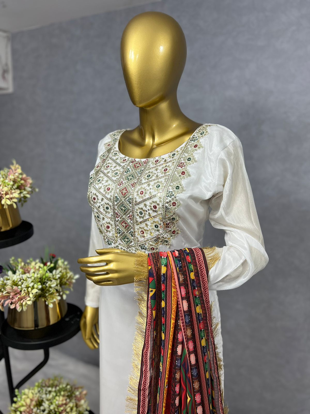 White Colour Top-Bottom Set with Dupatta In Embroidered - Sequined Work