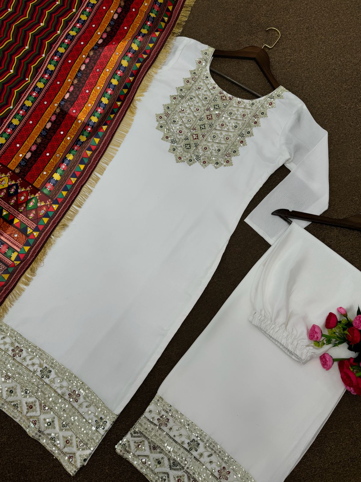 White Colour Top-Bottom Set with Dupatta In Embroidered - Sequined Work