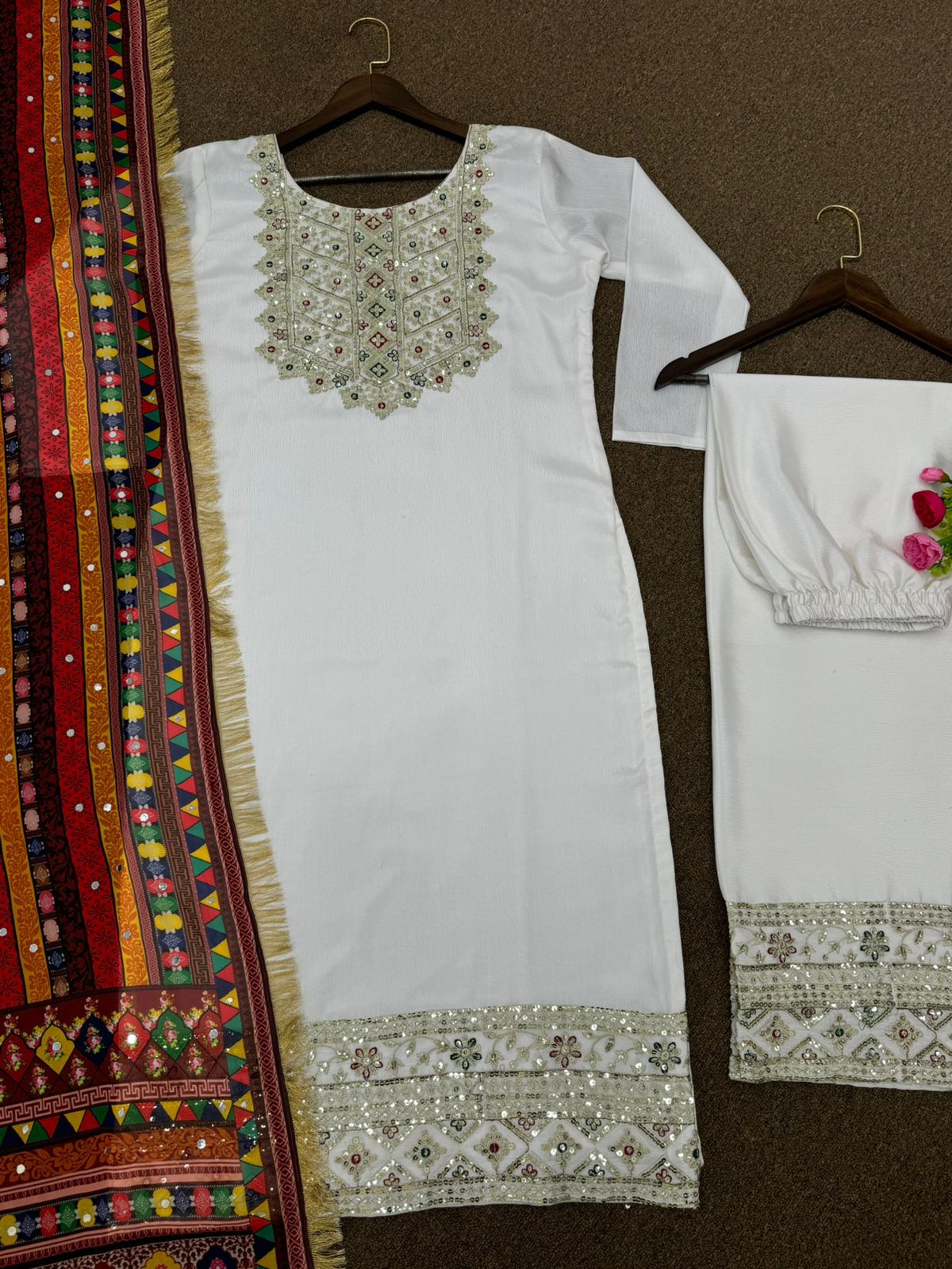 White Colour Top-Bottom Set with Dupatta In Embroidered - Sequined Work