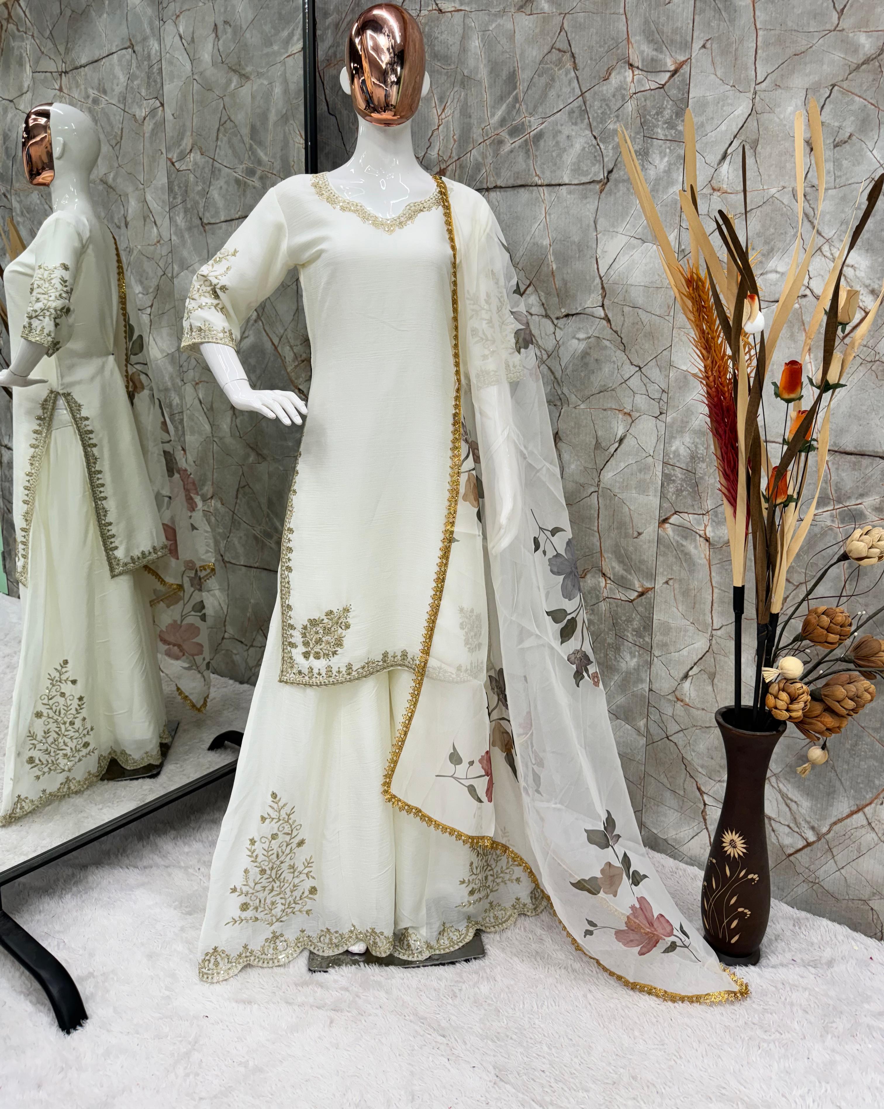 Heavy Chinon Suit with Sequins Embroidery & Full Flair Gharara