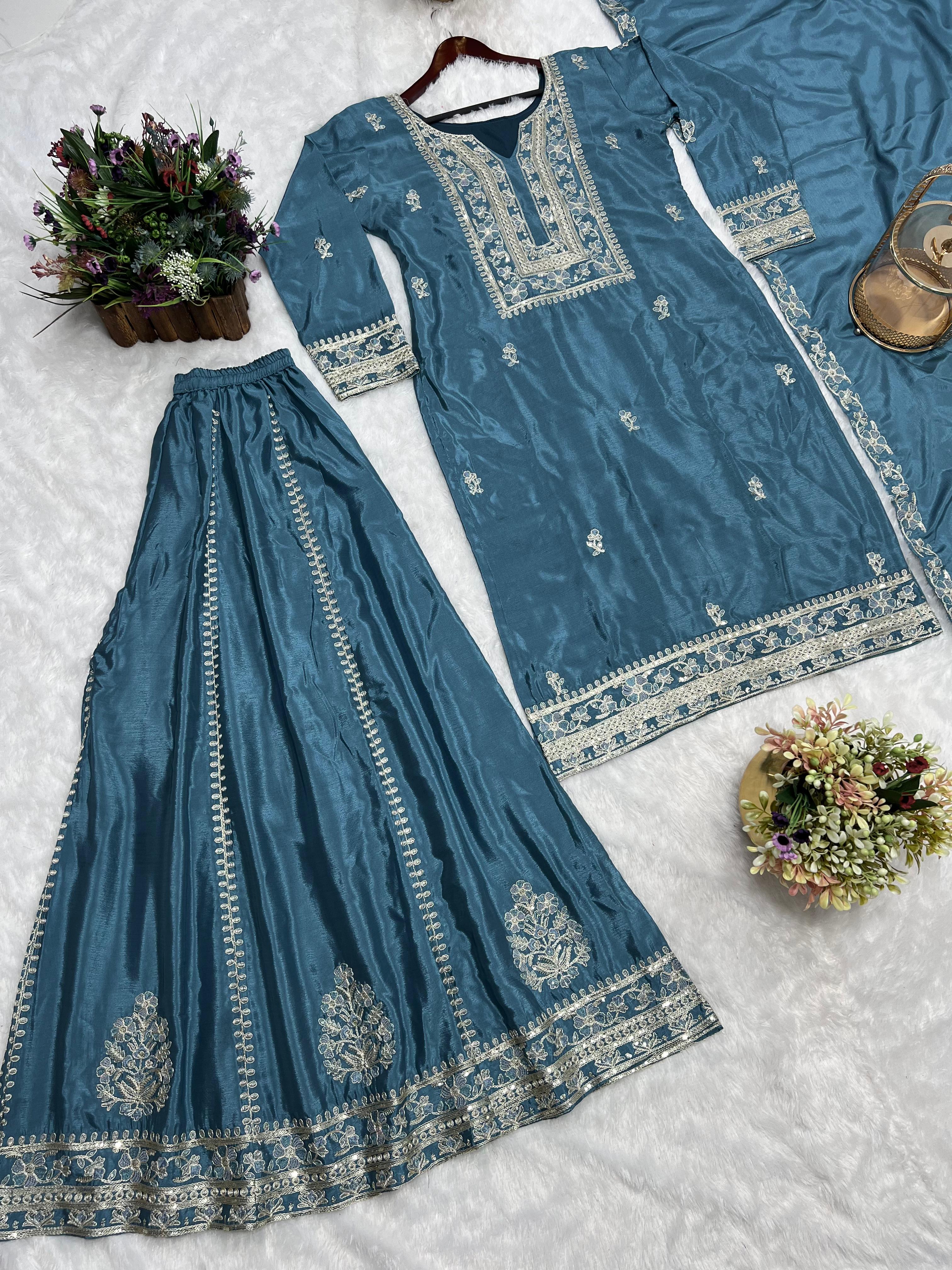 Chinon 3 PIECE STYLISH KURTI Set With Embroidery Sequence Work