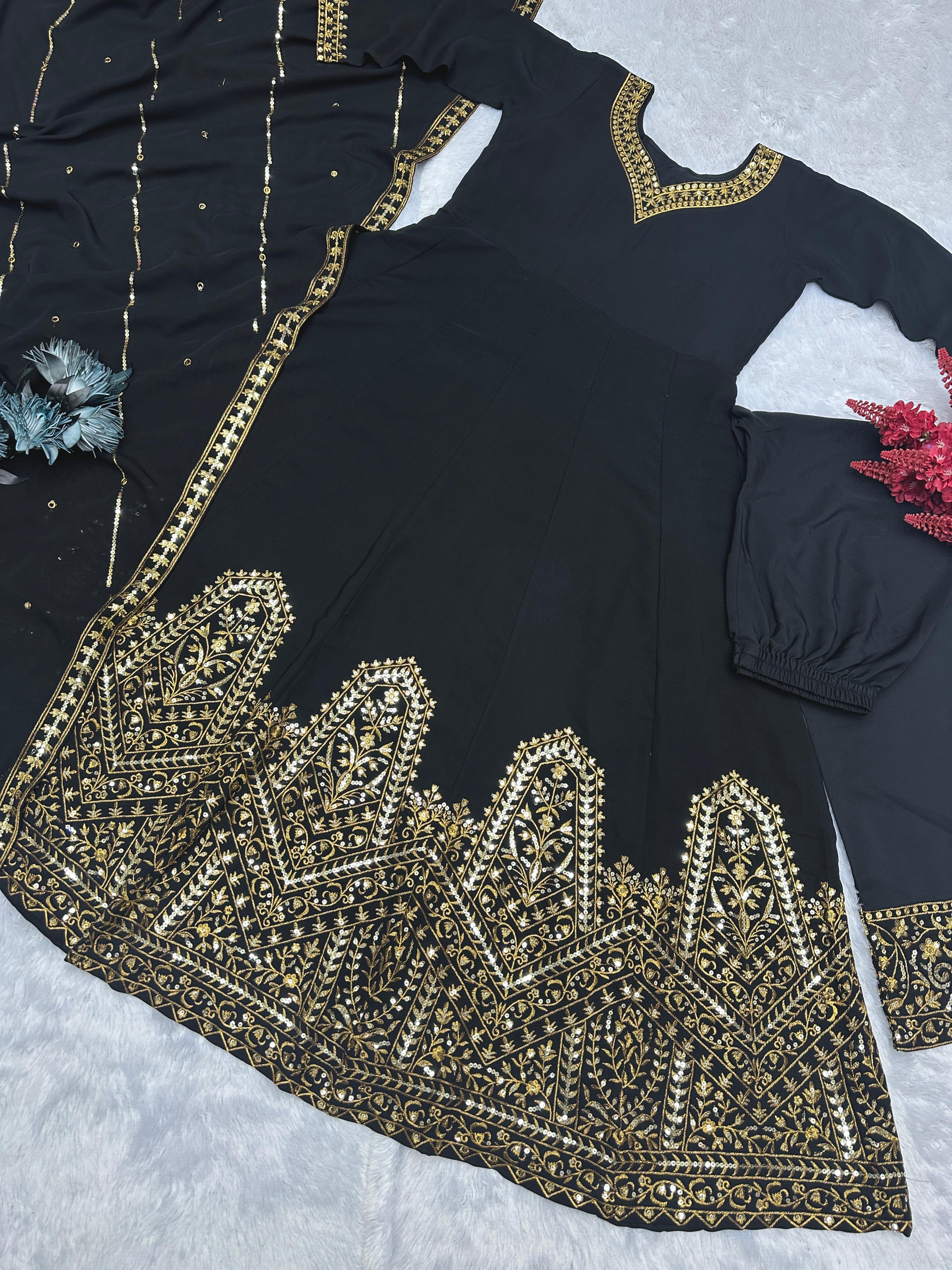 3 Peace Anarkali Gown Set With Embroidery Sequin Work