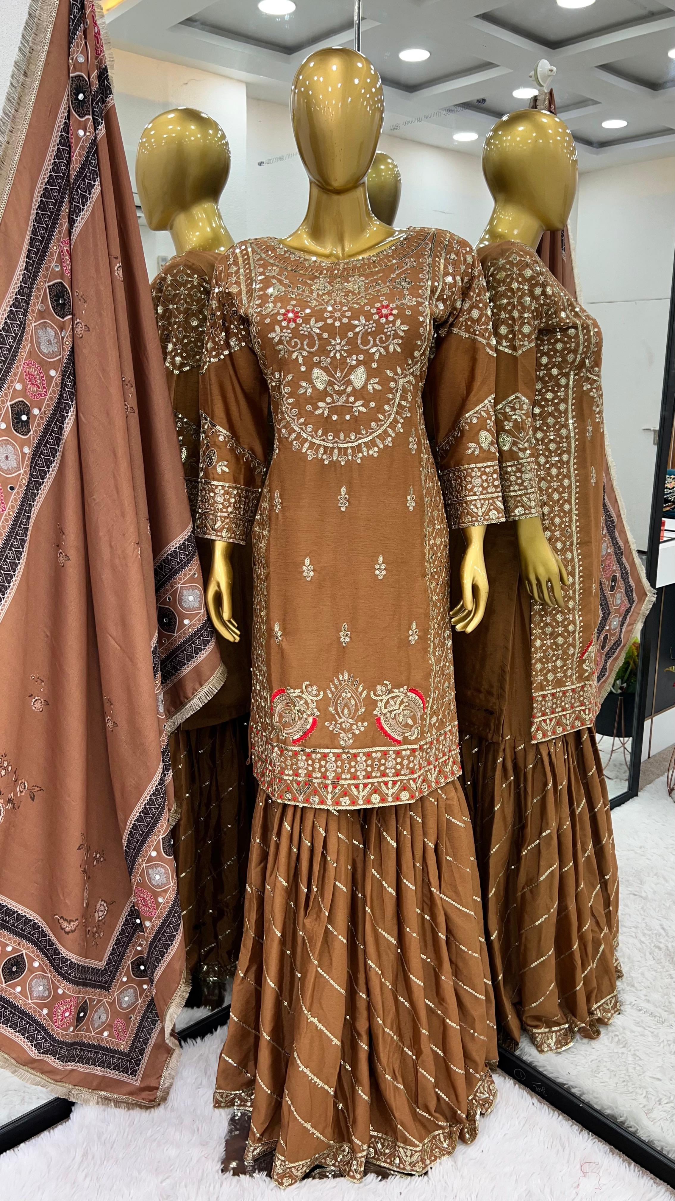 Designer Party Wear Set: Embroidered Chinnon Silk Top, Sharara Plazzo & Dupatta