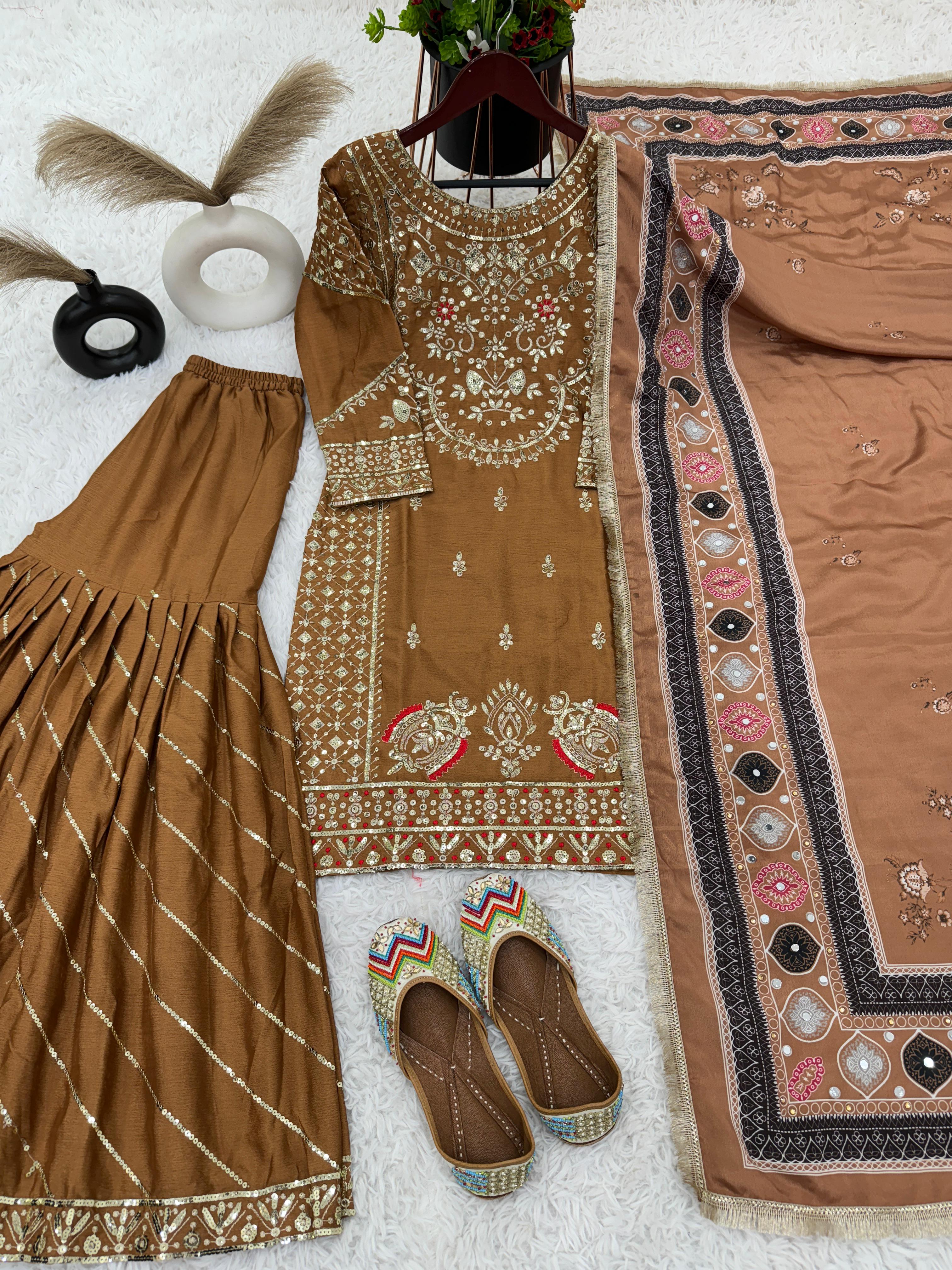 Designer Party Wear Set: Embroidered Chinnon Silk Top, Sharara Plazzo & Dupatta