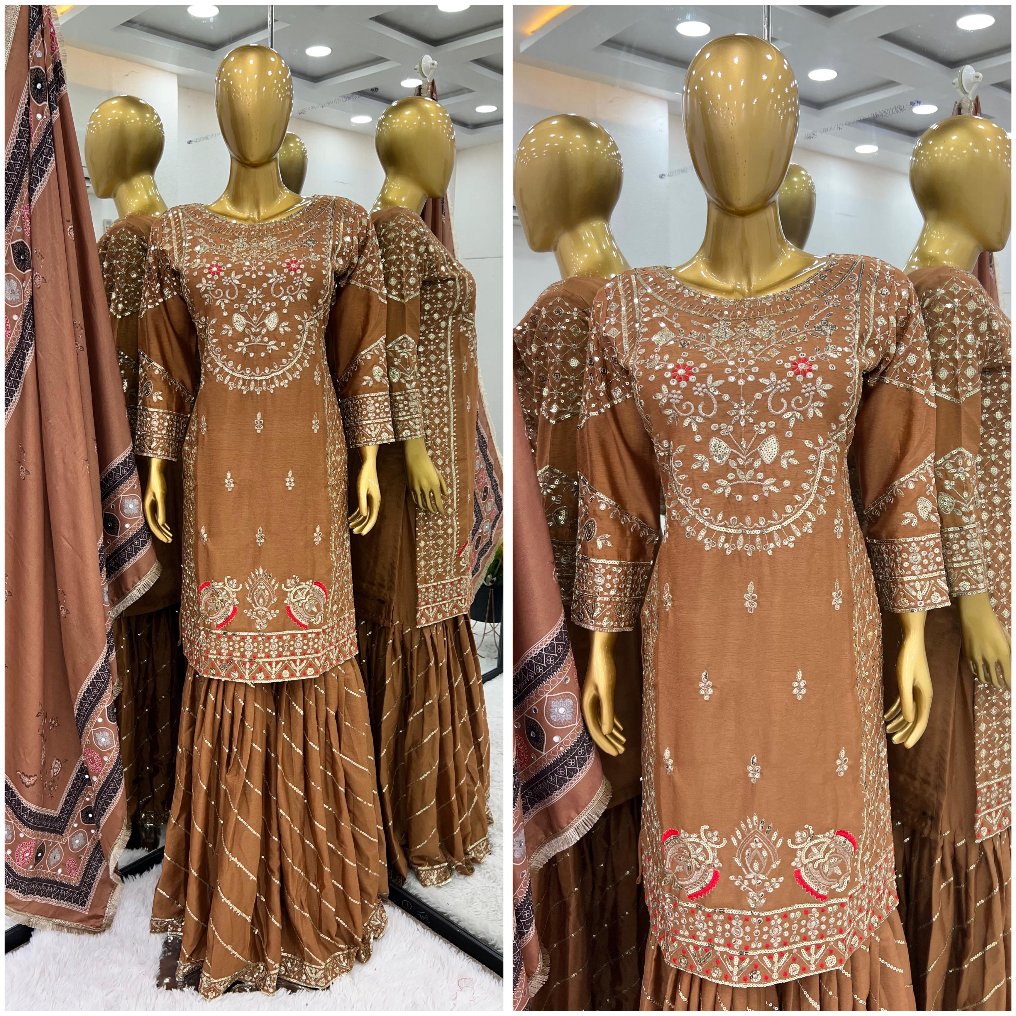 Designer Party Wear Set: Embroidered Chinnon Silk Top, Sharara Plazzo & Dupatta