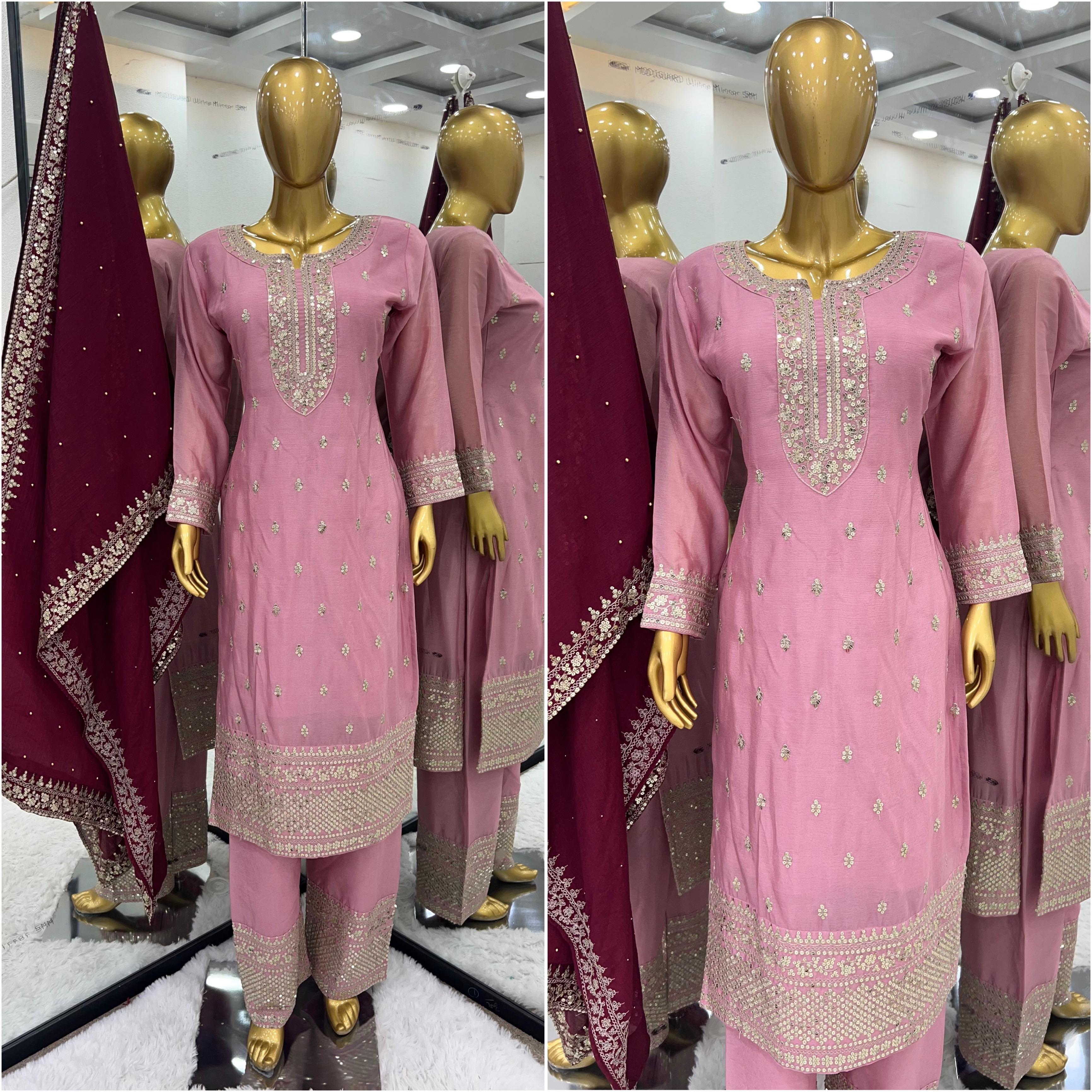 Chinnon And Heavy Embroidery Sequence Work Top-Bottom And Dupatta SetChinnon And Heavy Embroidery Sequence Work Top-Bottom And Dupatta Set