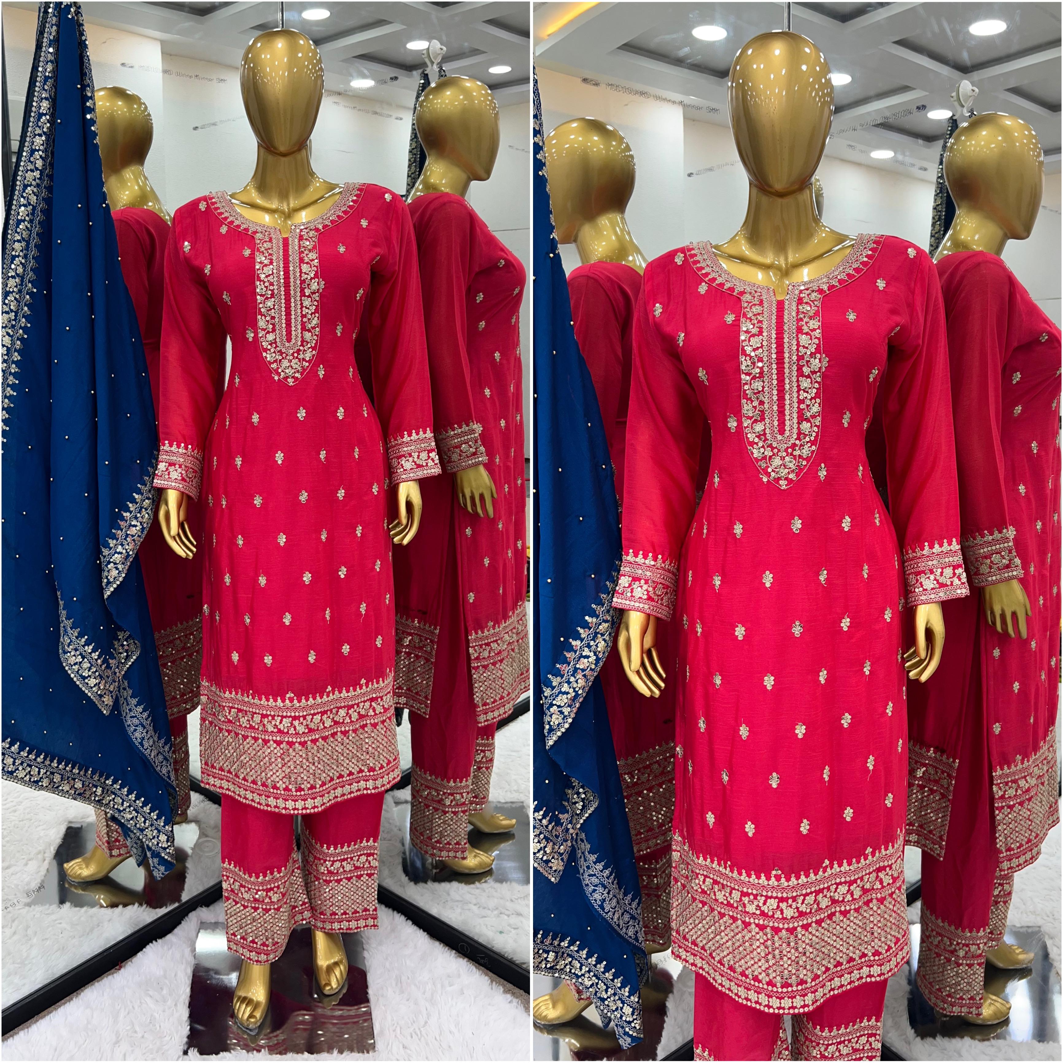 Chinnon And Heavy Embroidery Sequence Work Top-Bottom And Dupatta SetChinnon And Heavy Embroidery Sequence Work Top-Bottom And Dupatta Set