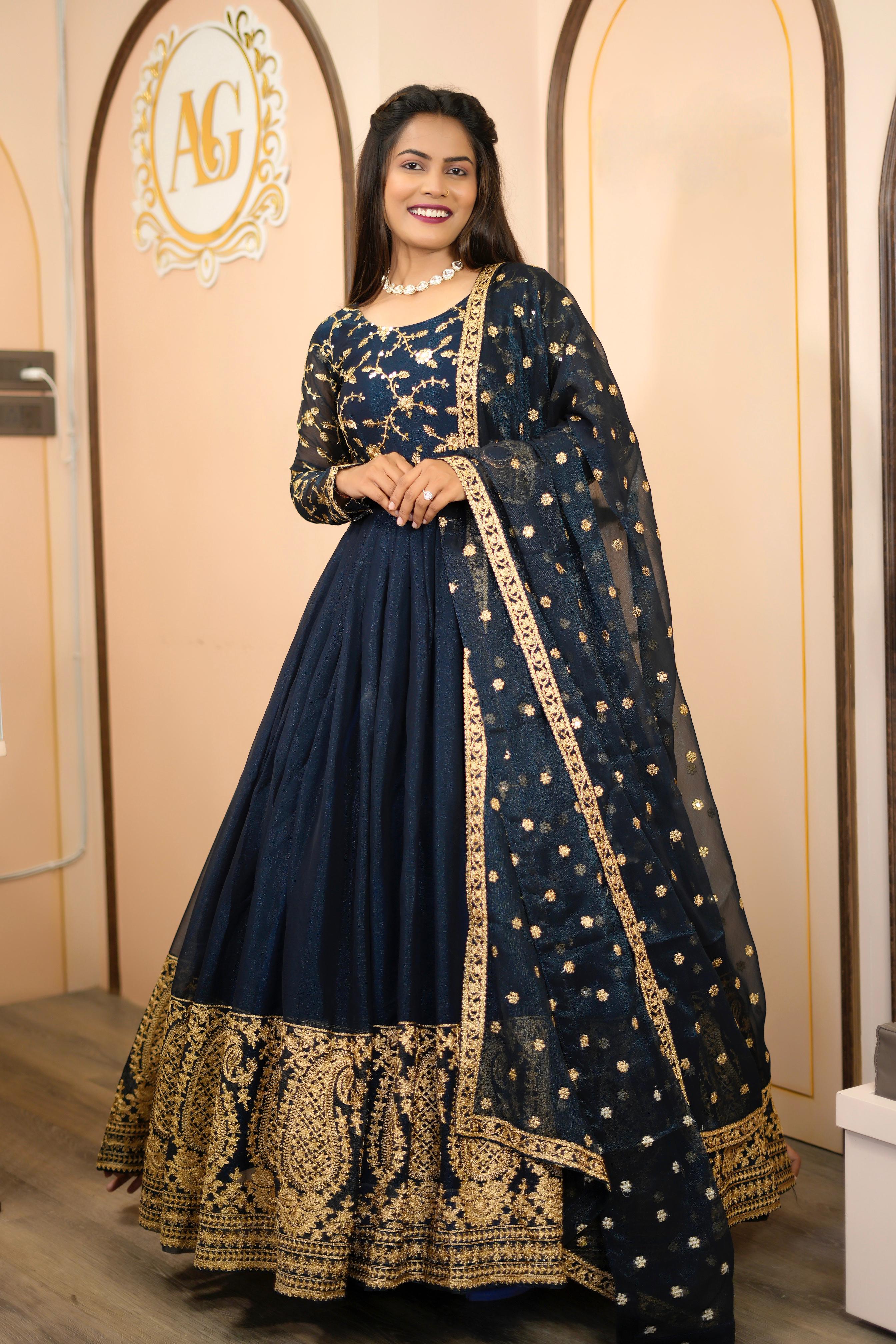 Designer Party Wear Silk Gown With Embroidery And Sequins Work