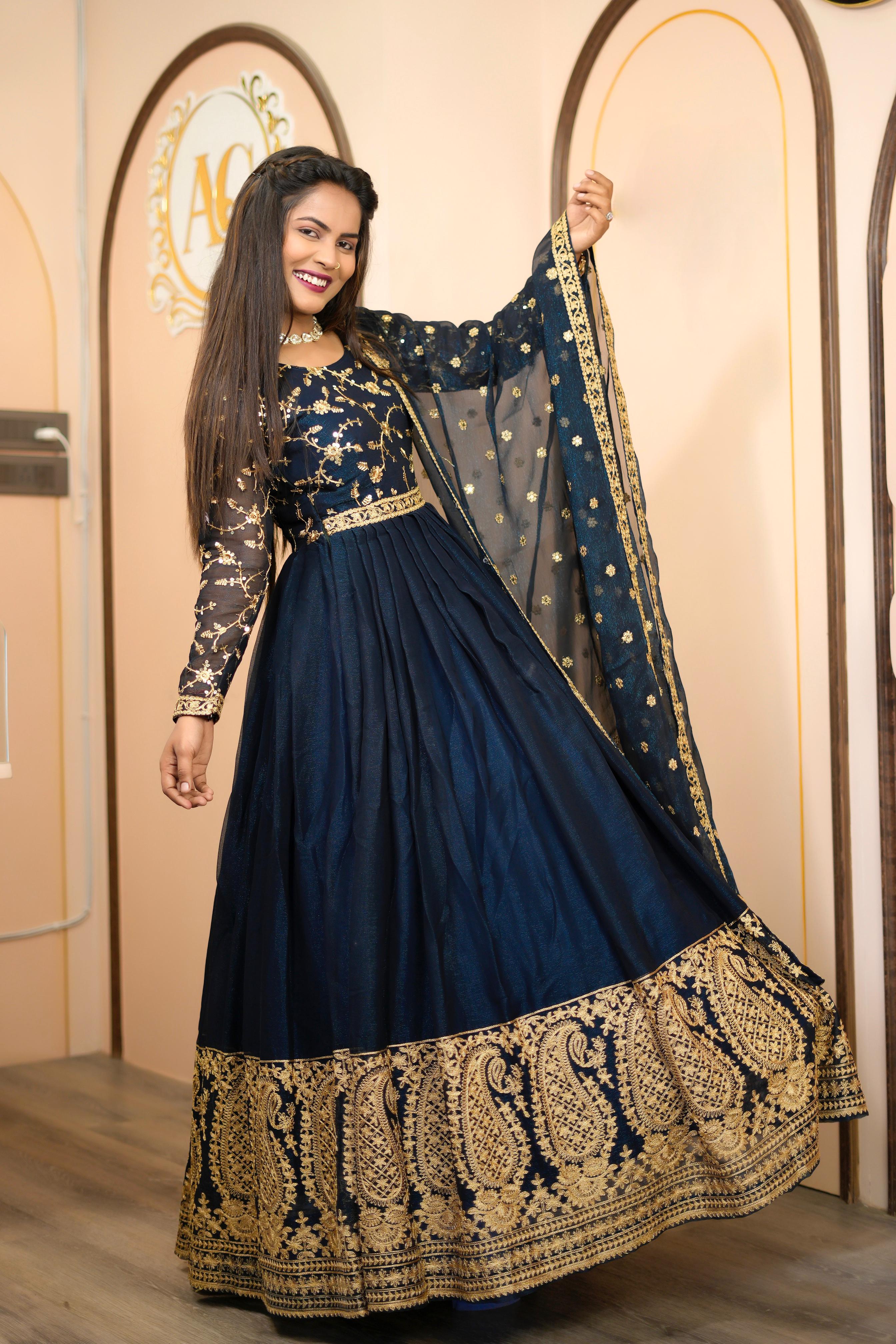 Designer Party Wear Silk Gown With Embroidery And Sequins Work