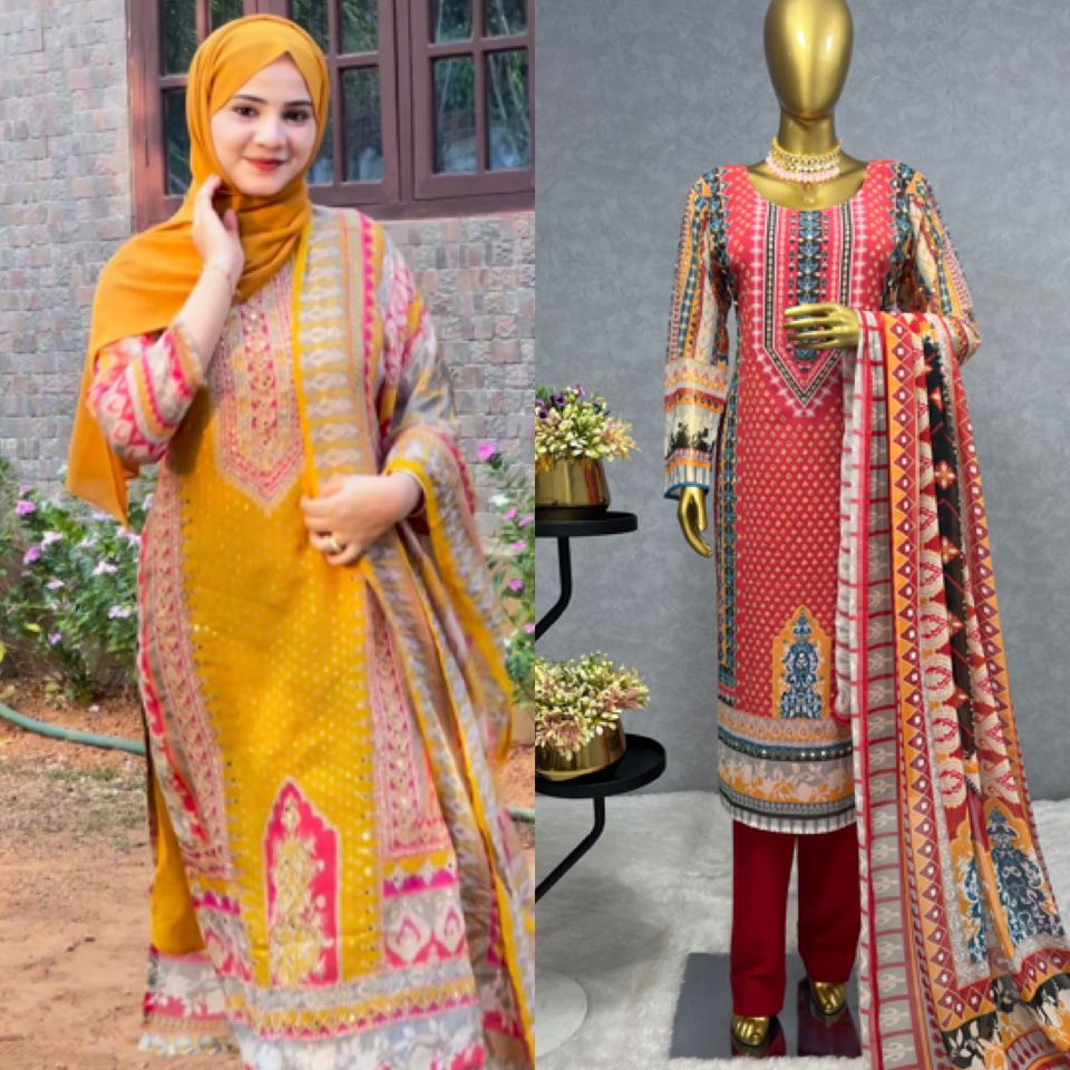 3-Piece Set : Digital Printed Long Kurti with Butter Silk Bottom & Georgette Dupatta