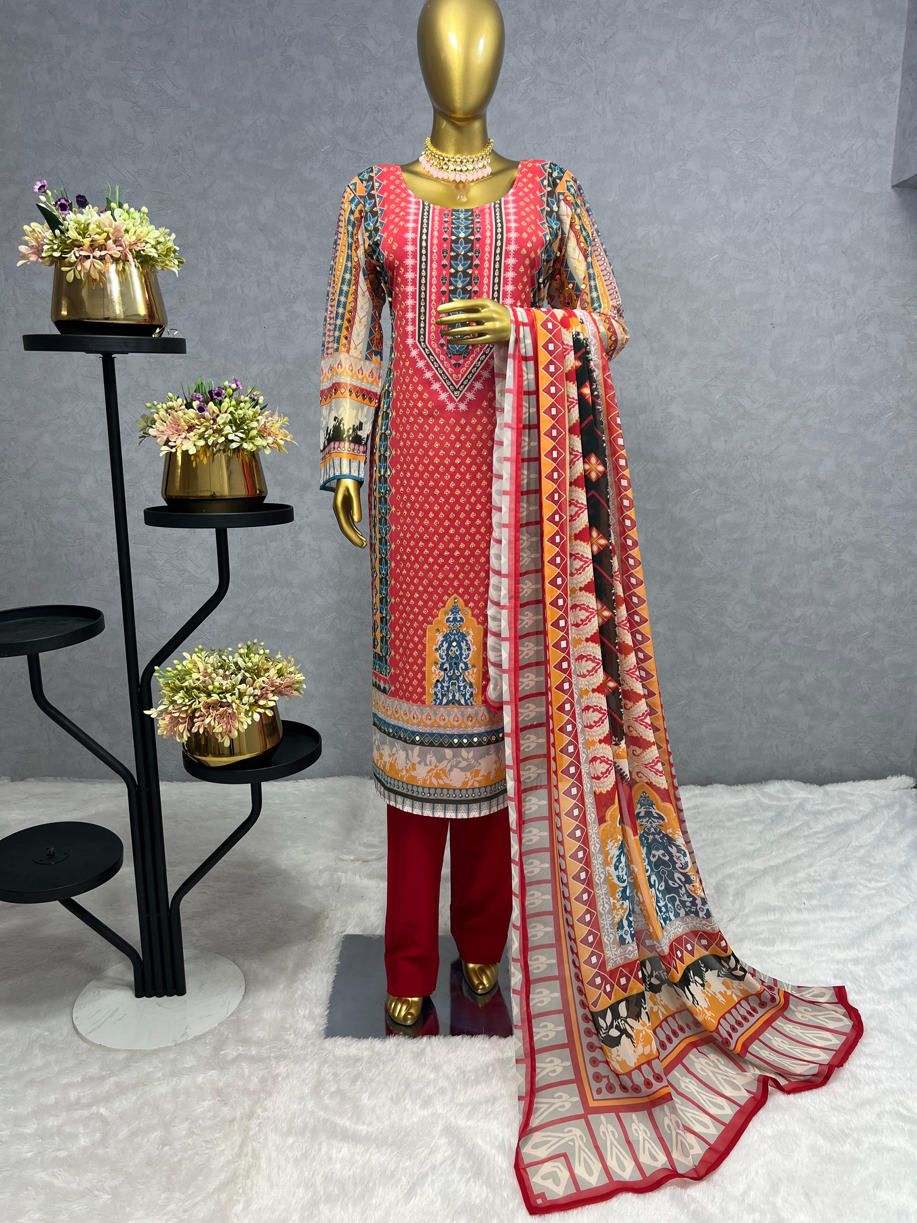 3-Piece Set : Digital Printed Long Kurti with Butter Silk Bottom & Georgette Dupatta