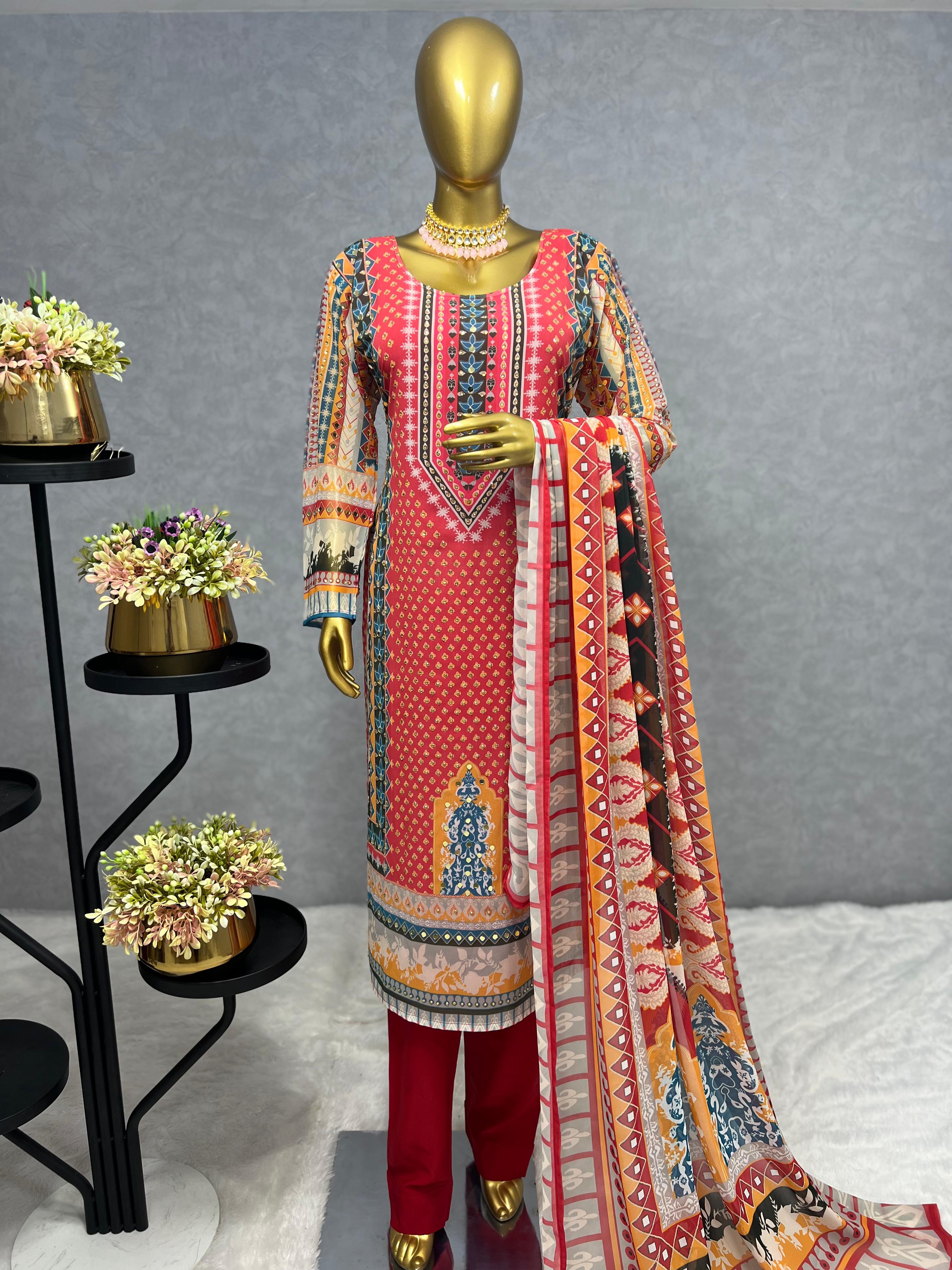 3-Piece Set : Digital Printed Long Kurti with Butter Silk Bottom & Georgette Dupatta