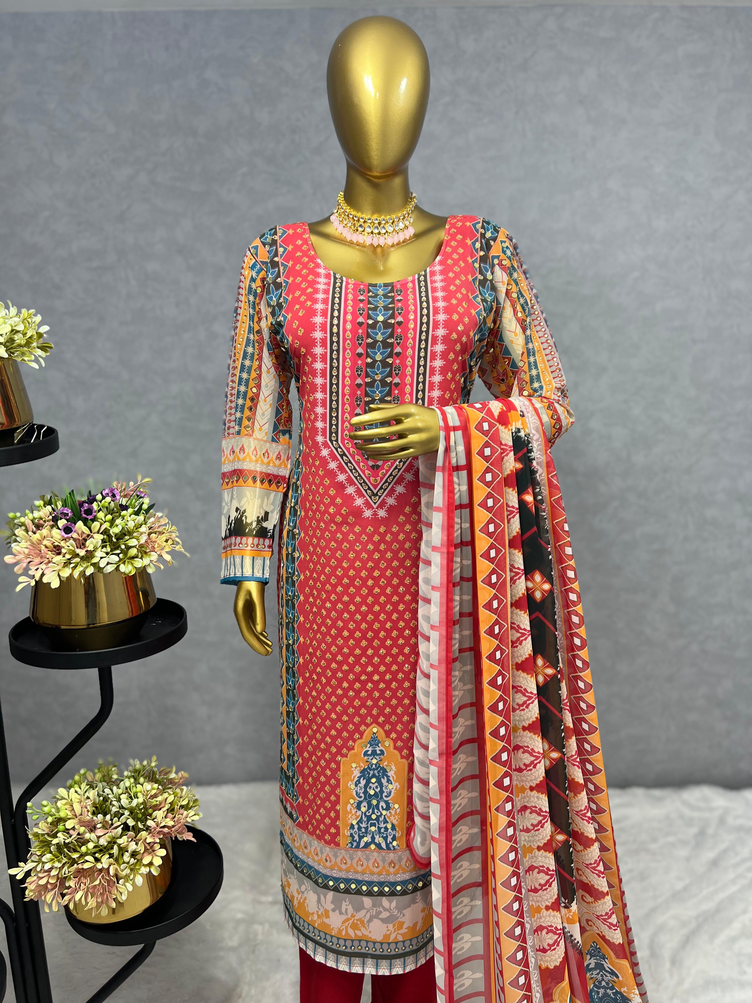 3-Piece Set : Digital Printed Long Kurti with Butter Silk Bottom & Georgette Dupatta