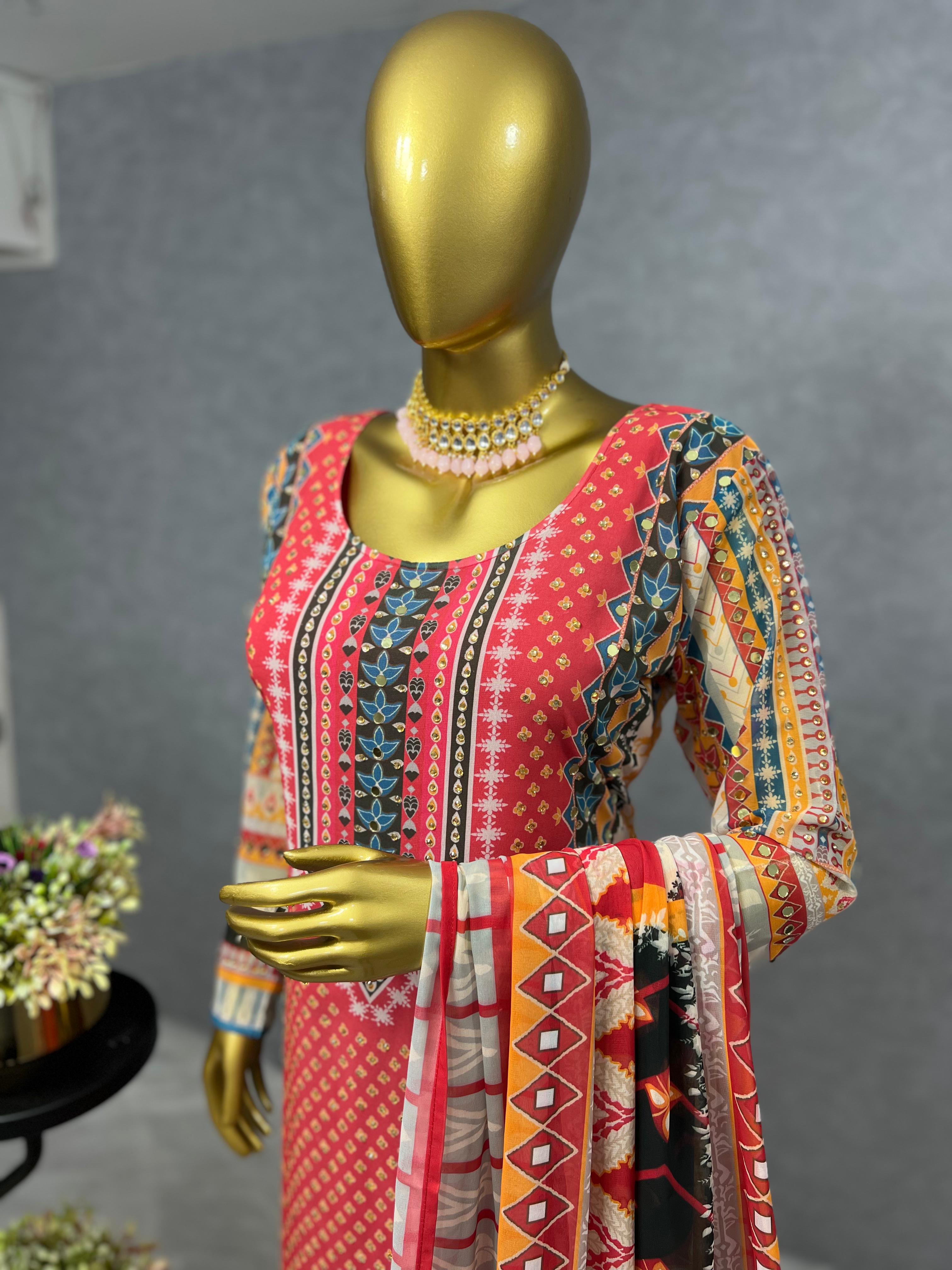 3-Piece Set : Digital Printed Long Kurti with Butter Silk Bottom & Georgette Dupatta