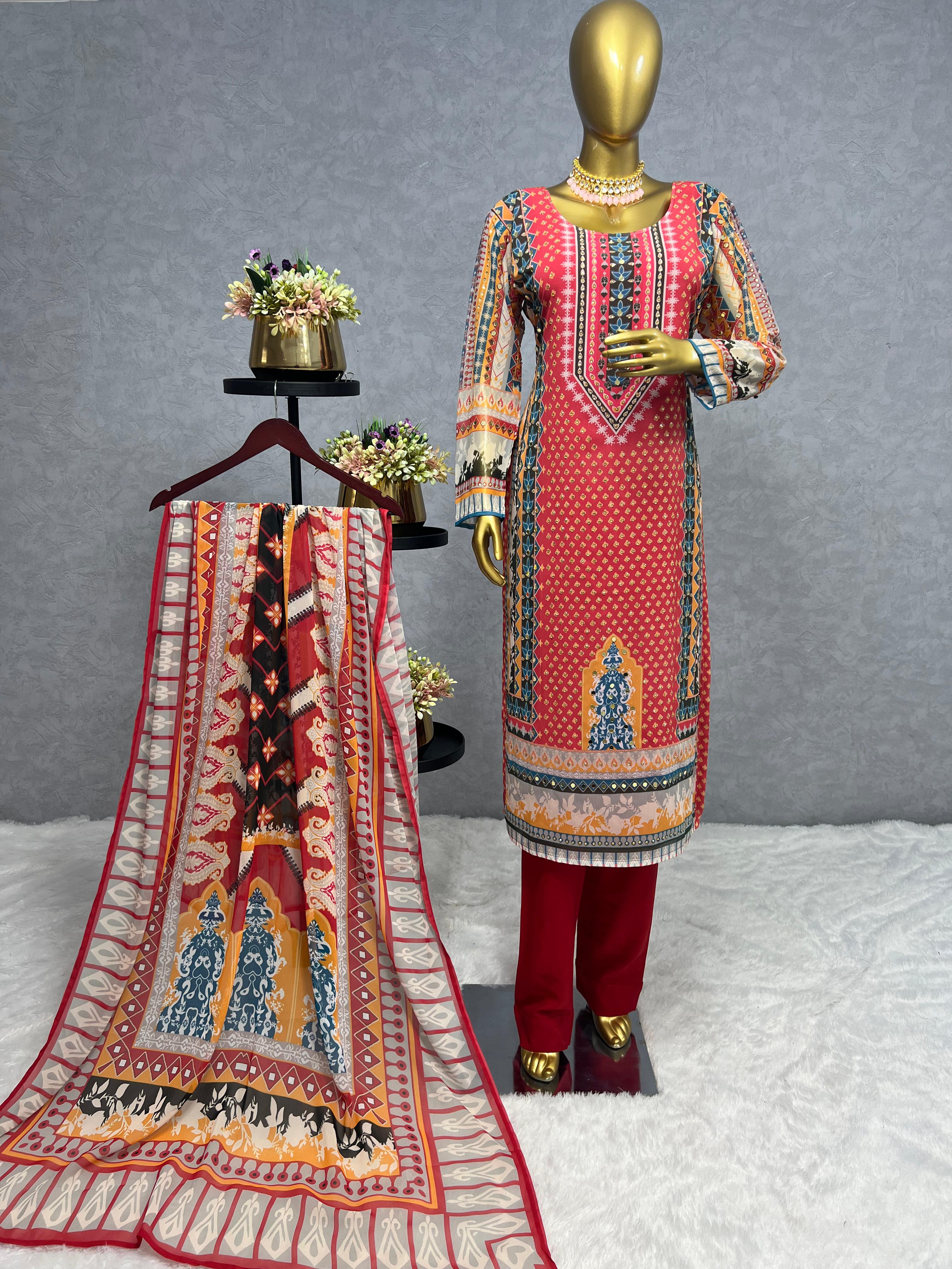 3-Piece Set : Digital Printed Long Kurti with Butter Silk Bottom & Georgette Dupatta