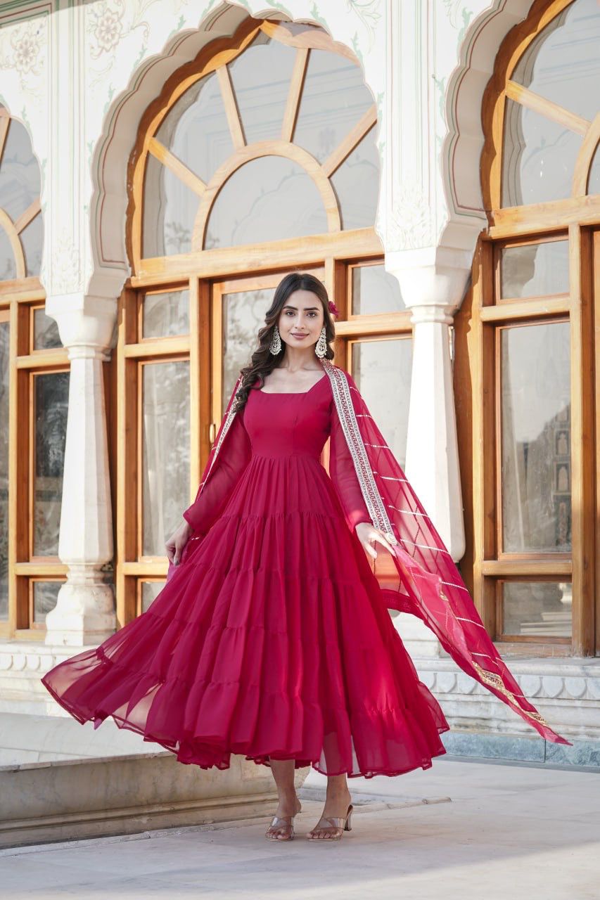 Faux Georgette Gown with Parallel Sequins Dupatta – 5 Layer Frill Design