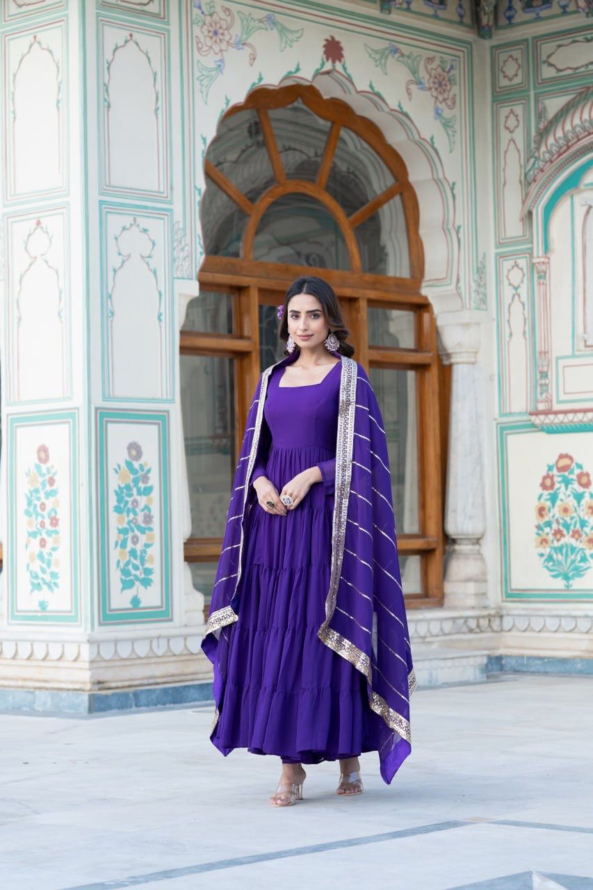 Faux Georgette Gown with Parallel Sequins Dupatta – 5 Layer Frill Design