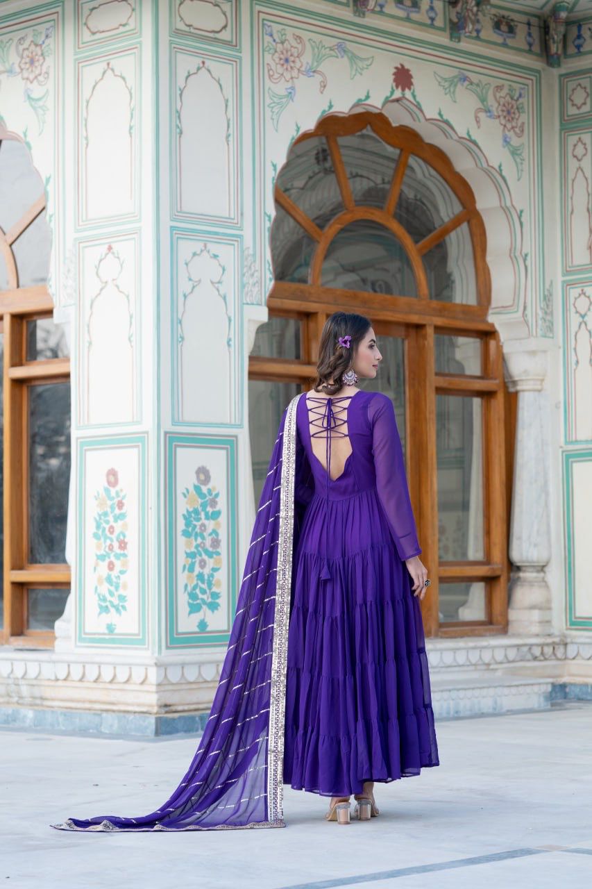 Faux Georgette Gown with Parallel Sequins Dupatta – 5 Layer Frill Design