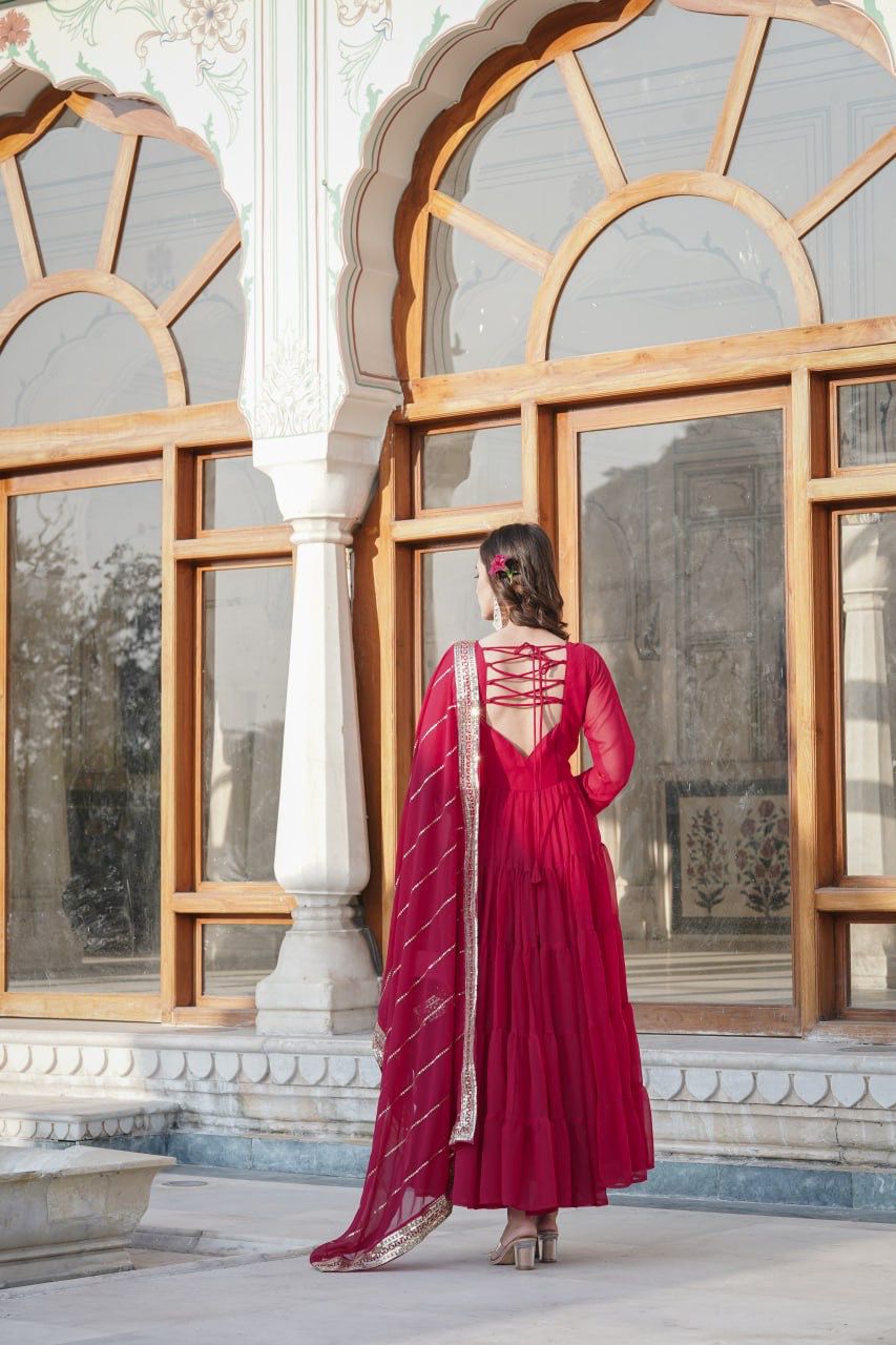 Faux Georgette Gown with Parallel Sequins Dupatta – 5 Layer Frill Design