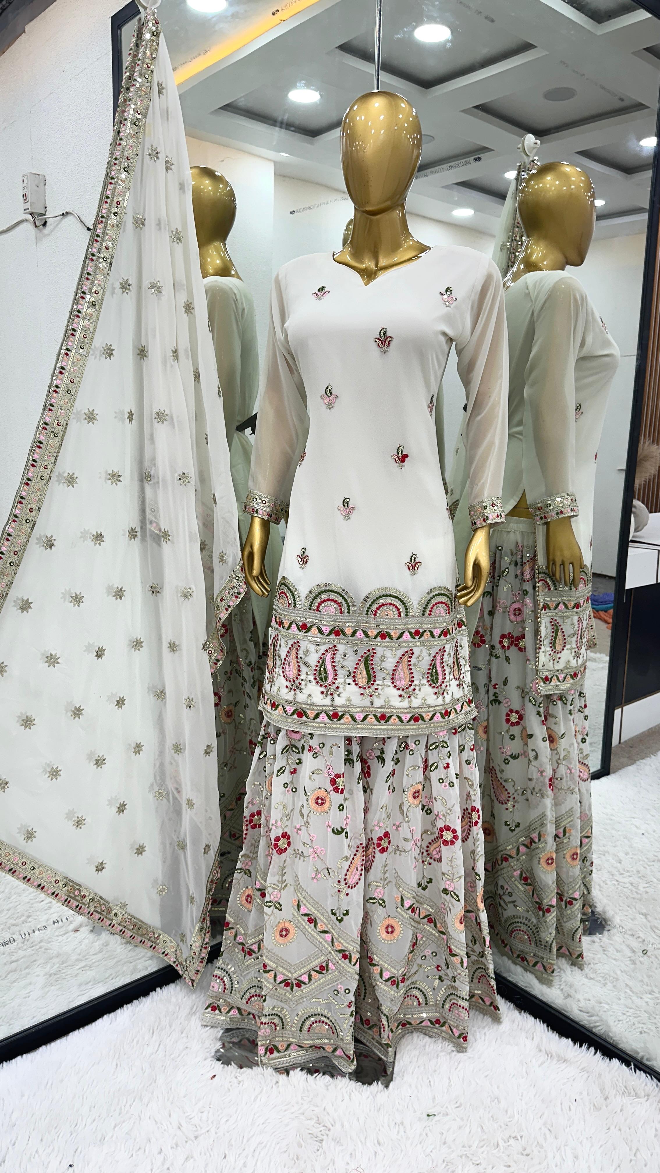 Georgette Top, Sharara & Dupatta Set with Multi-Thread Embroidery Work