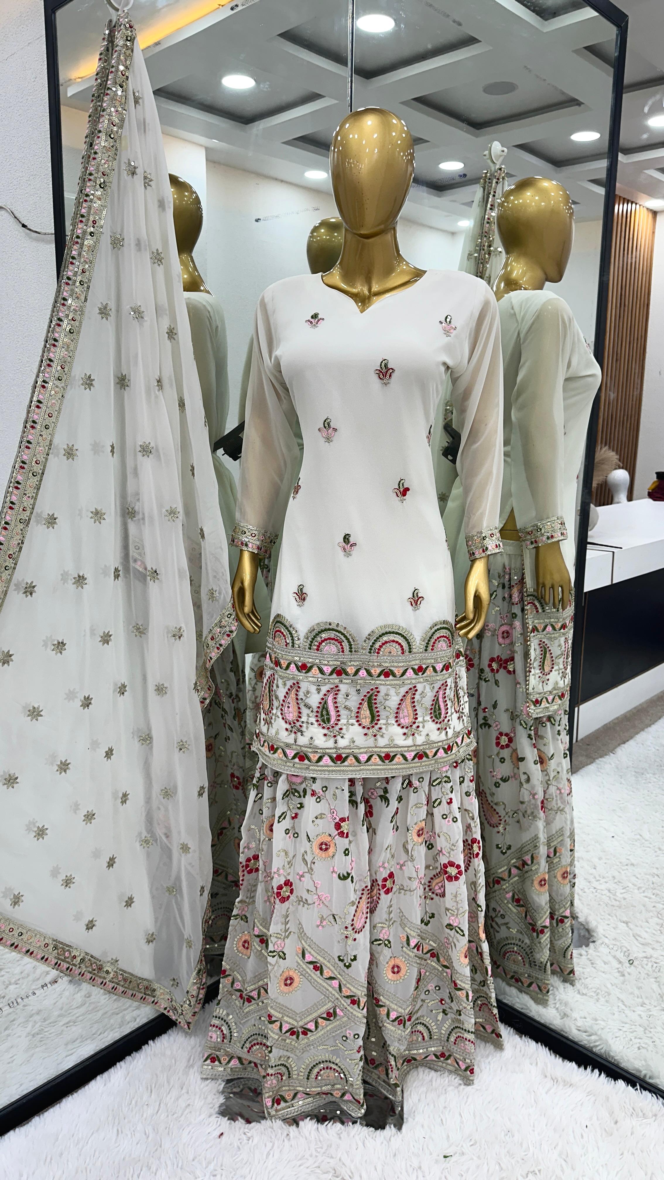 Georgette Top, Sharara & Dupatta Set with Multi-Thread Embroidery Work