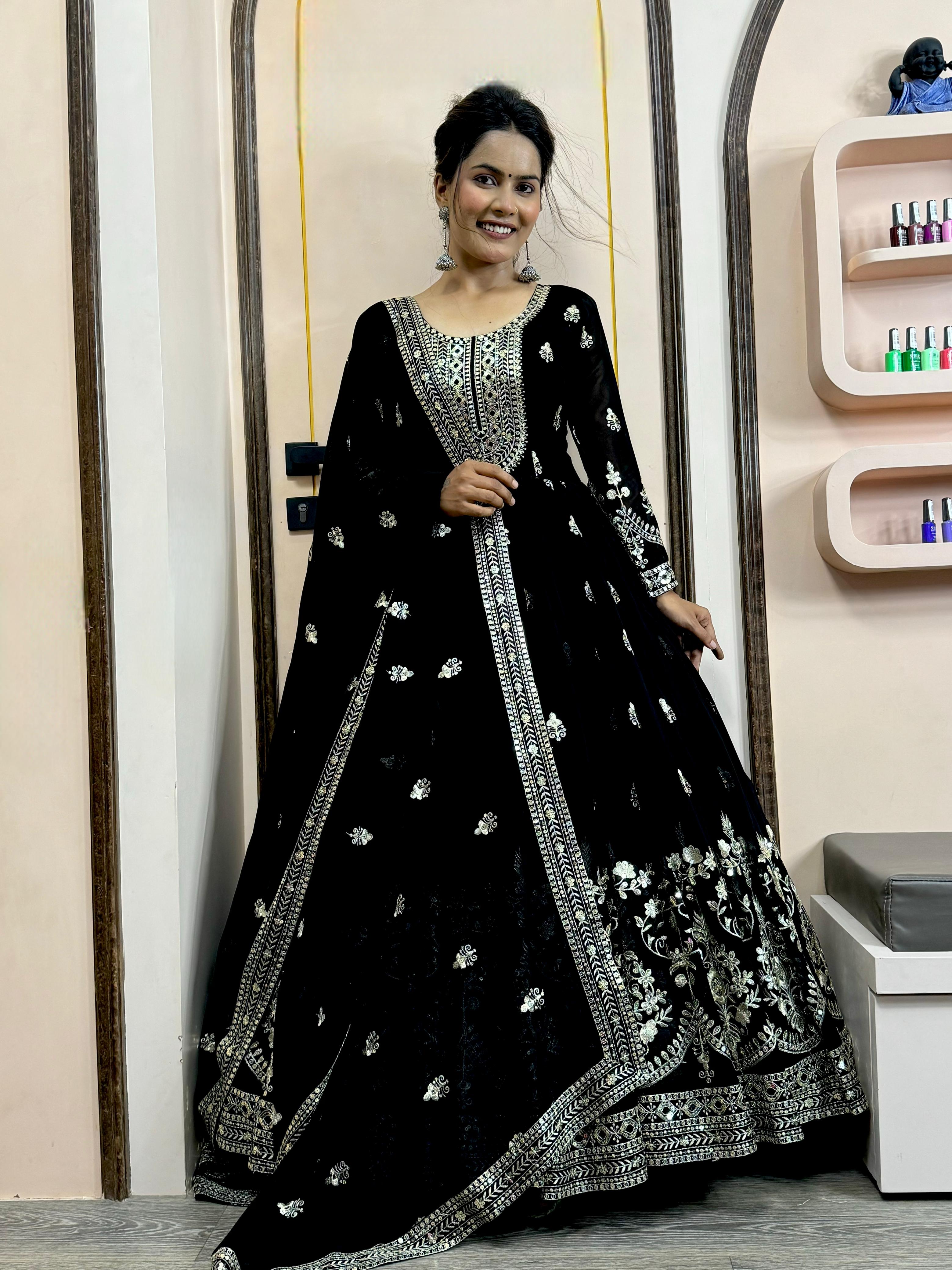 Stylish 3-Piece Embroidered Gown Set with Dupatta & Butter Silk Bottom