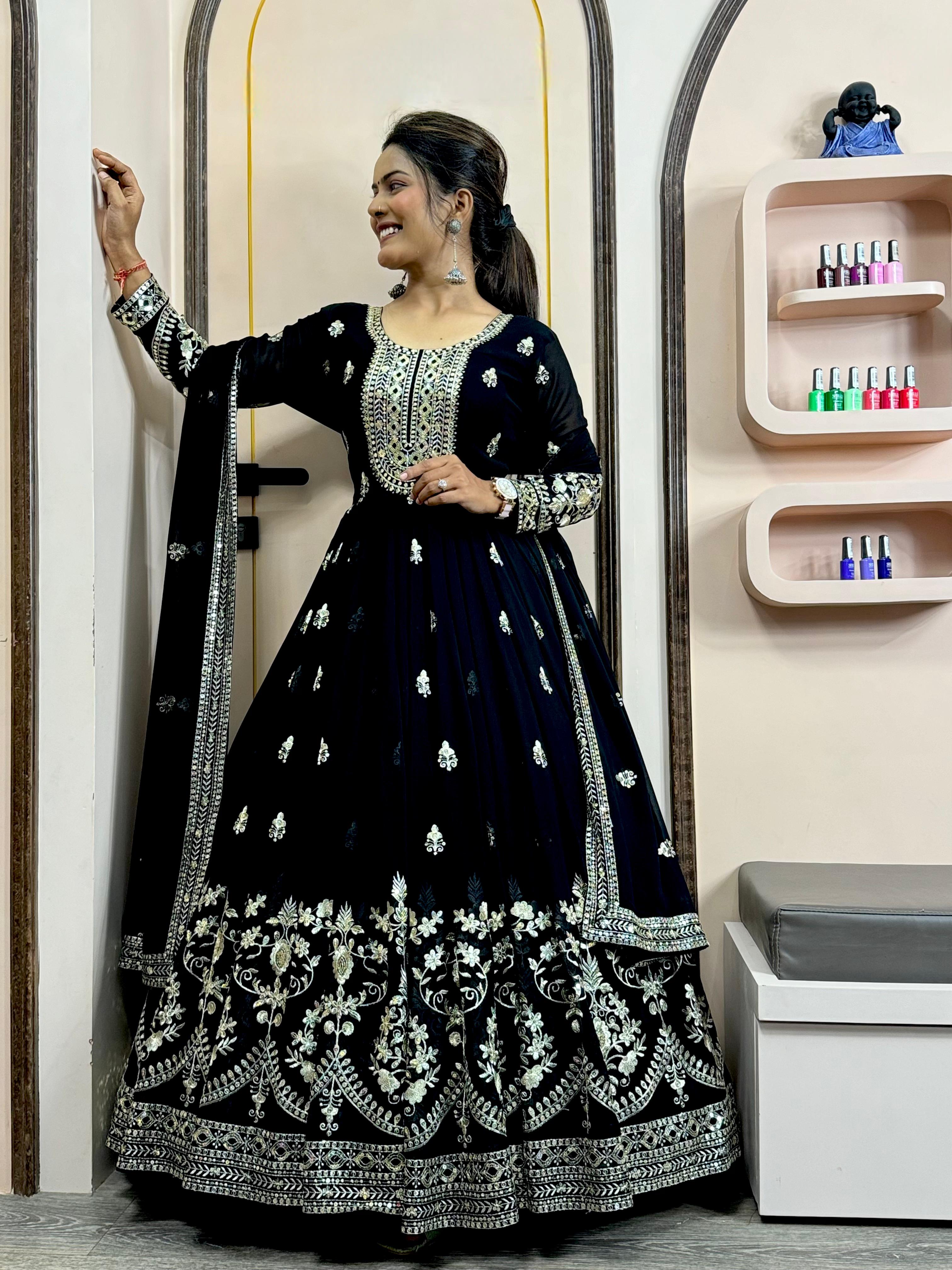 Stylish 3-Piece Embroidered Gown Set with Dupatta & Butter Silk Bottom