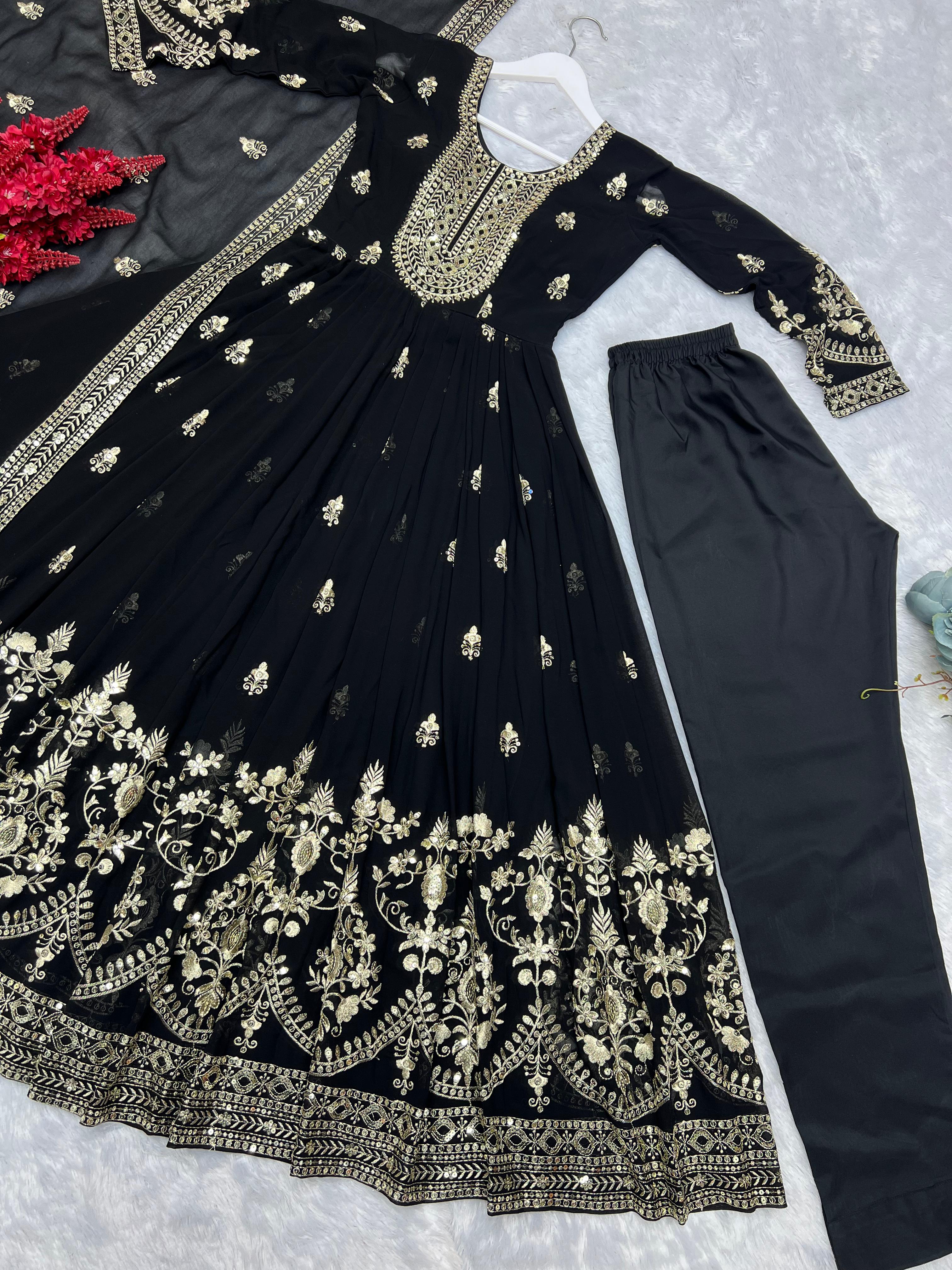 Stylish 3-Piece Embroidered Gown Set with Dupatta & Butter Silk Bottom