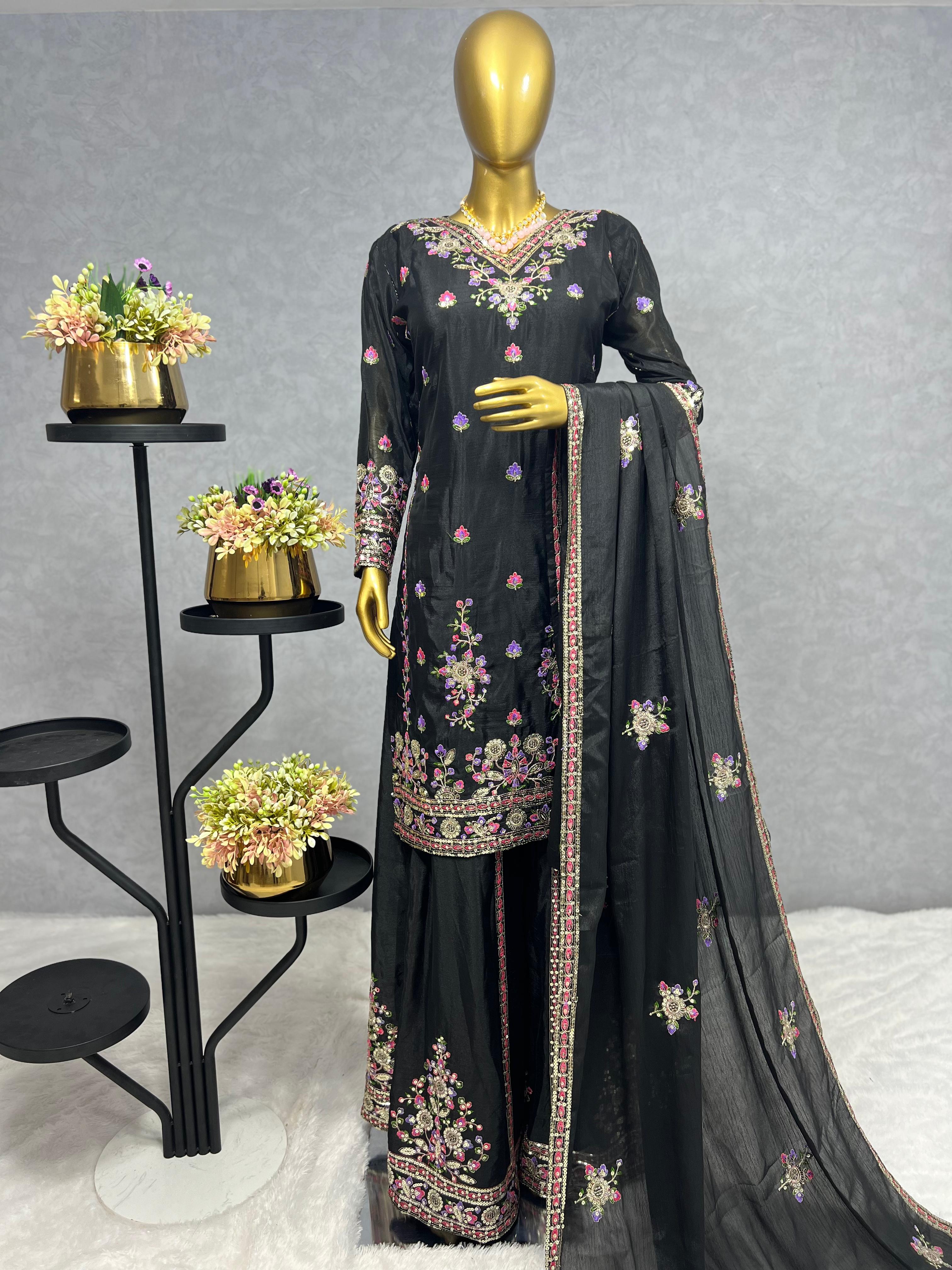 Launching New Designer wear Fancy Embroidery Sequins Work Top - Plazzo With Dupatta