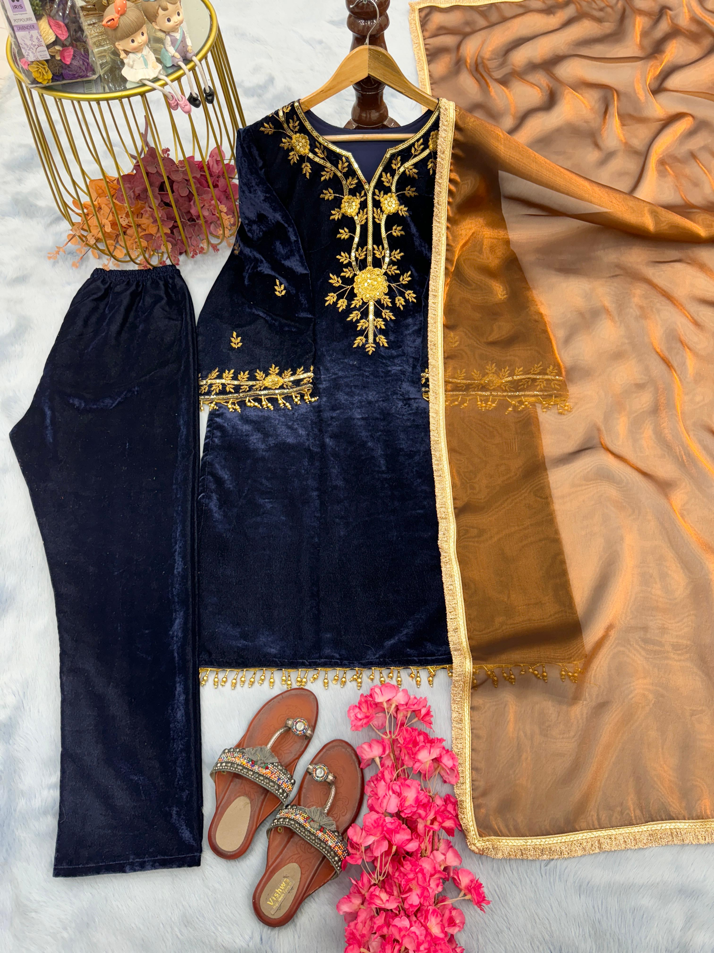 Viscose Velvet Designer Set with Embroidered Top, Bottom, and Lace Dupatta