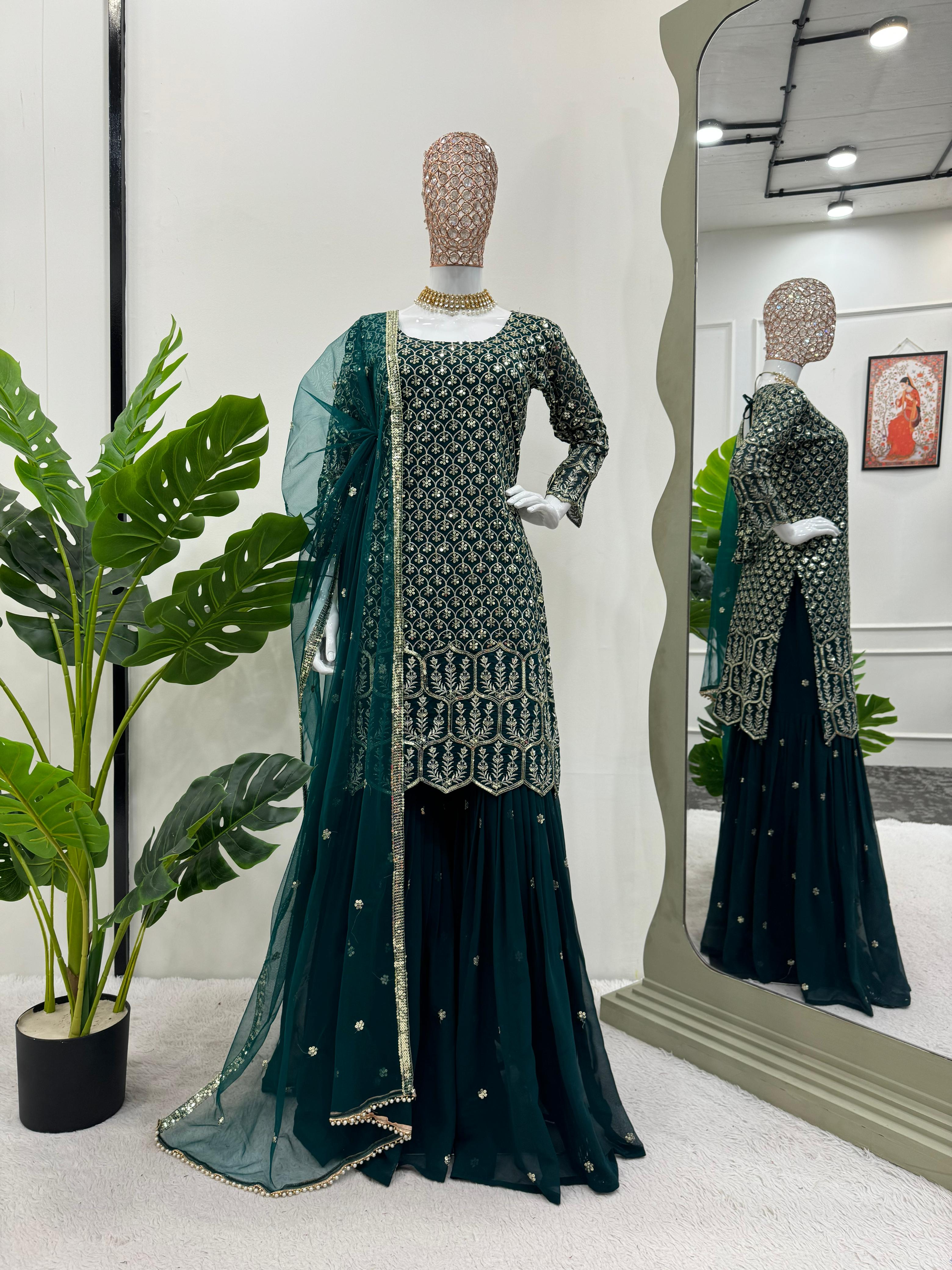 Designer georgette suit with sequin-thread work, sharara, and net dupatta