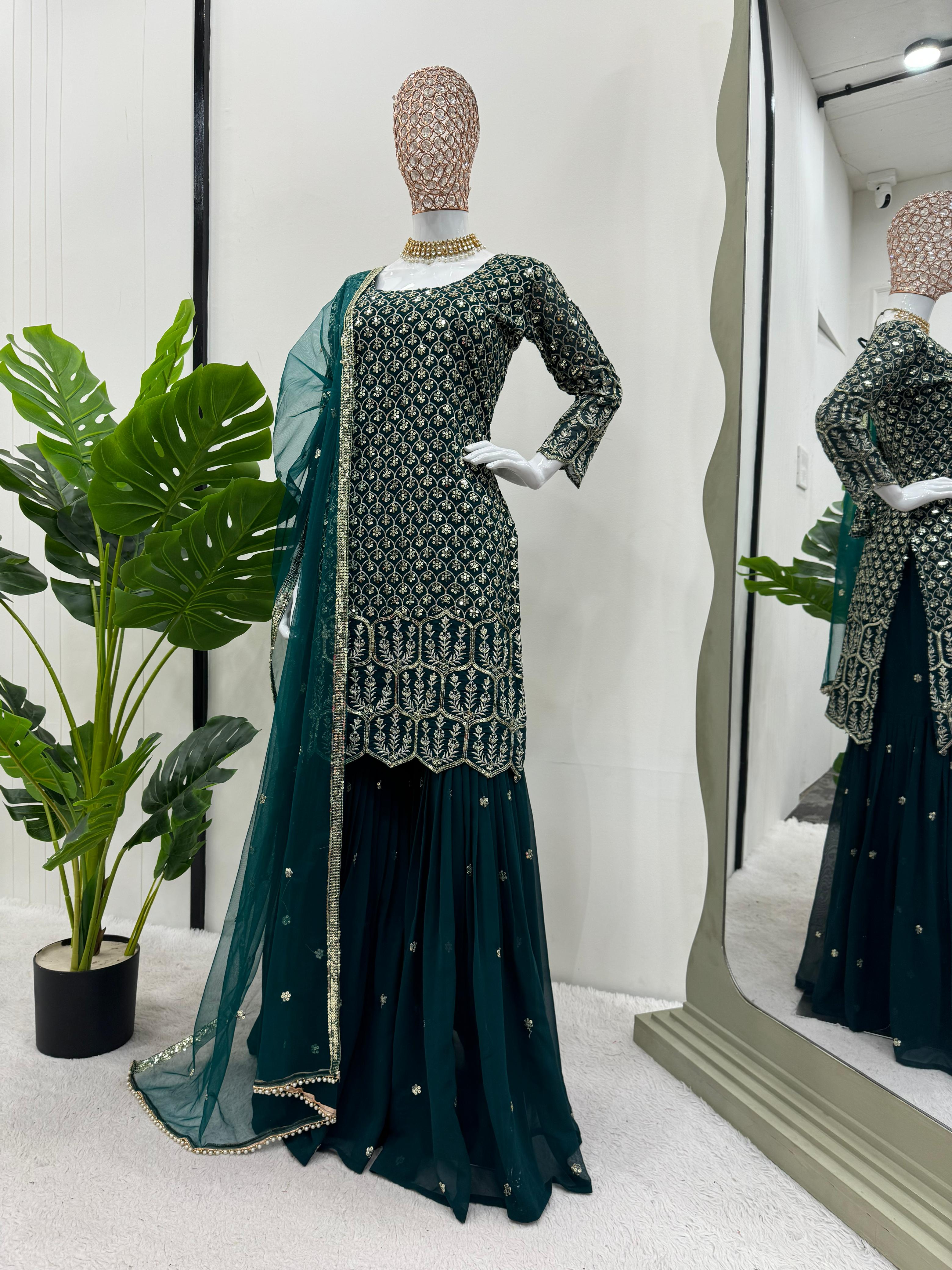 Designer georgette suit with sequin-thread work, sharara, and net dupatta